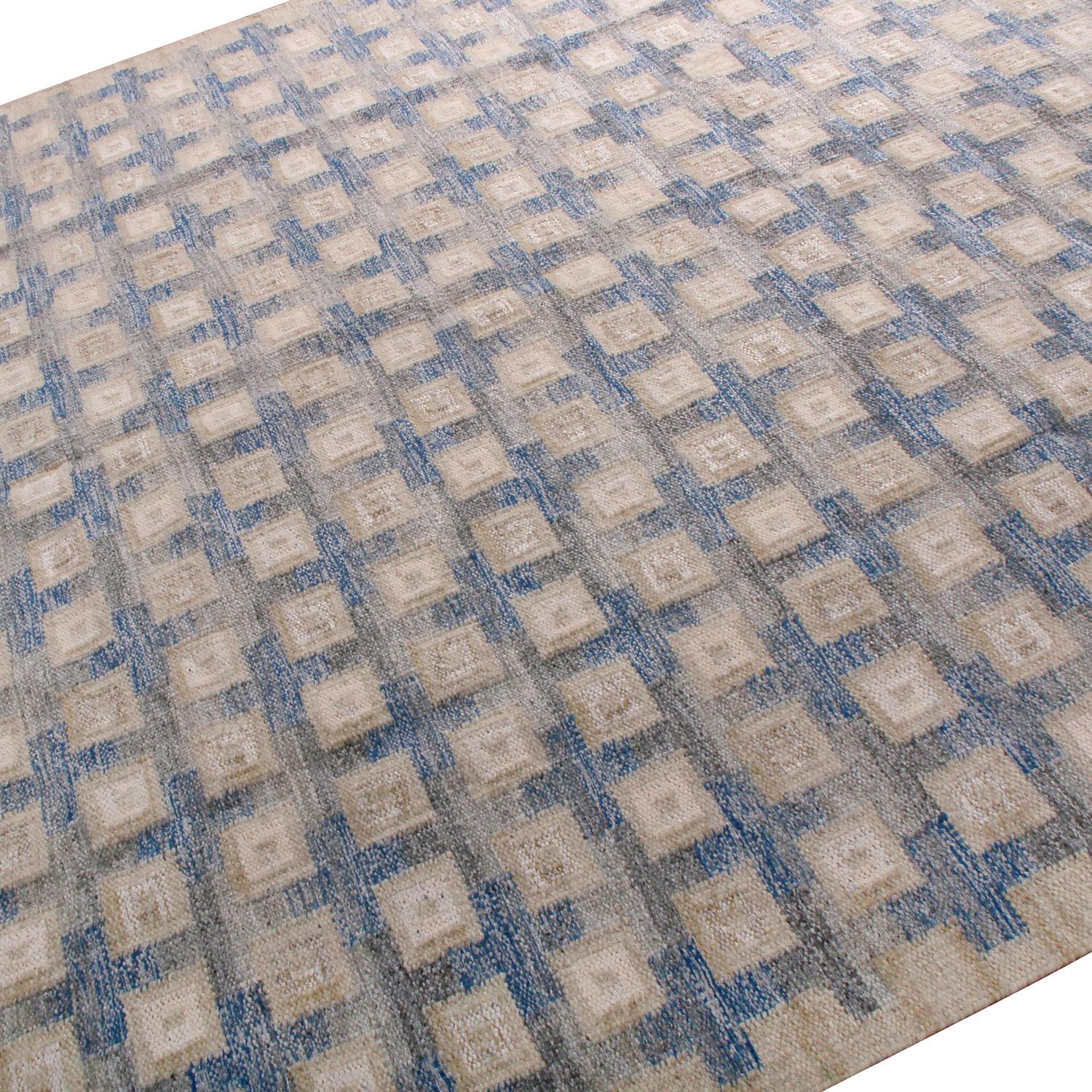 Scandinavian Modern Rug & Kilim’s Scandinavian Style Geometric Beige and Blue Wool Modern Kilim Rug