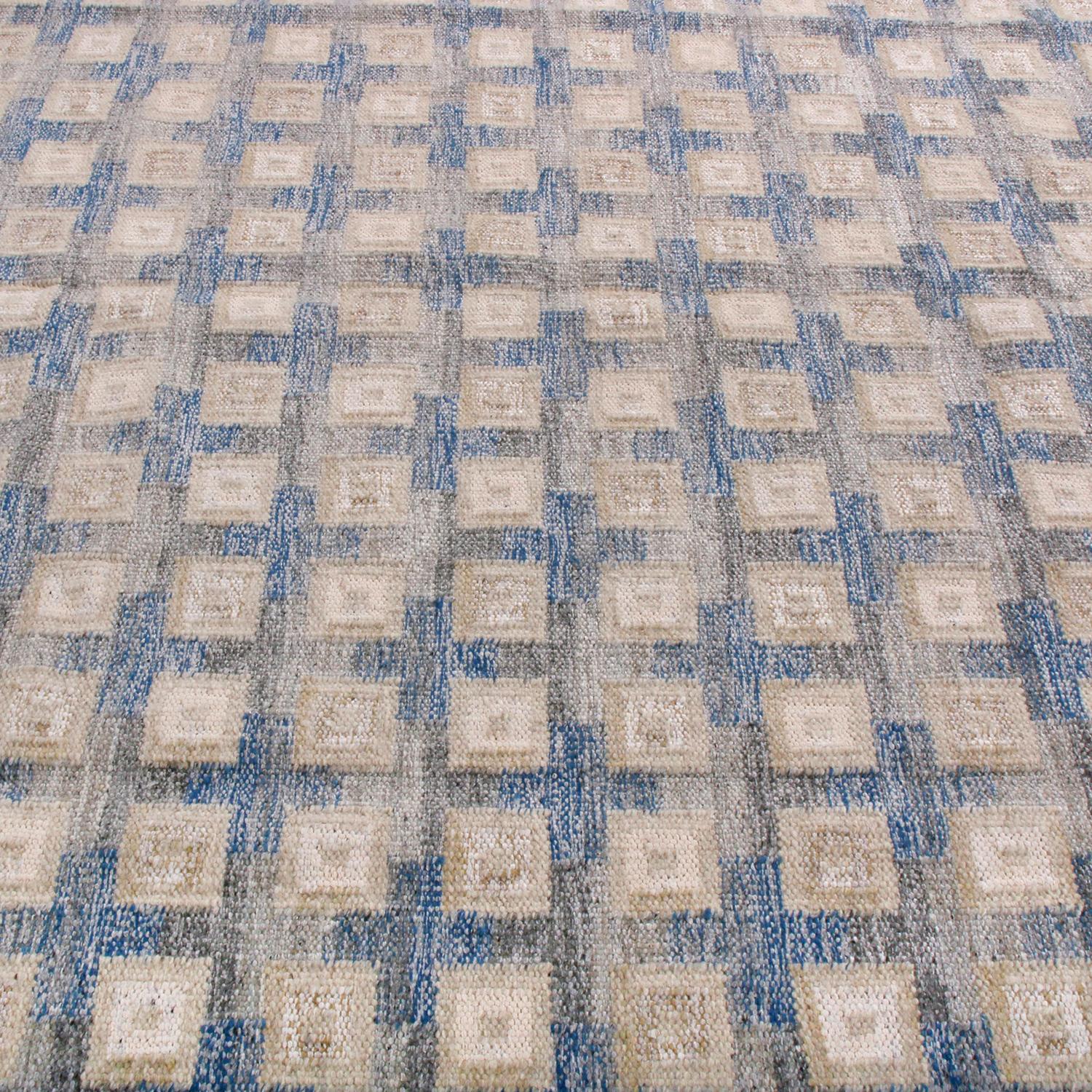 Indiano Rug & Kilim - Tappeto moderno in lana beige e blu in stile geometrico scandinavo in vendita