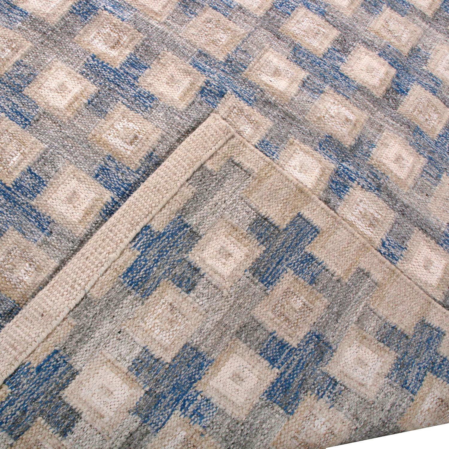 Hand-Knotted Rug & Kilim’s Scandinavian Style Geometric Beige and Blue Wool Modern Kilim Rug