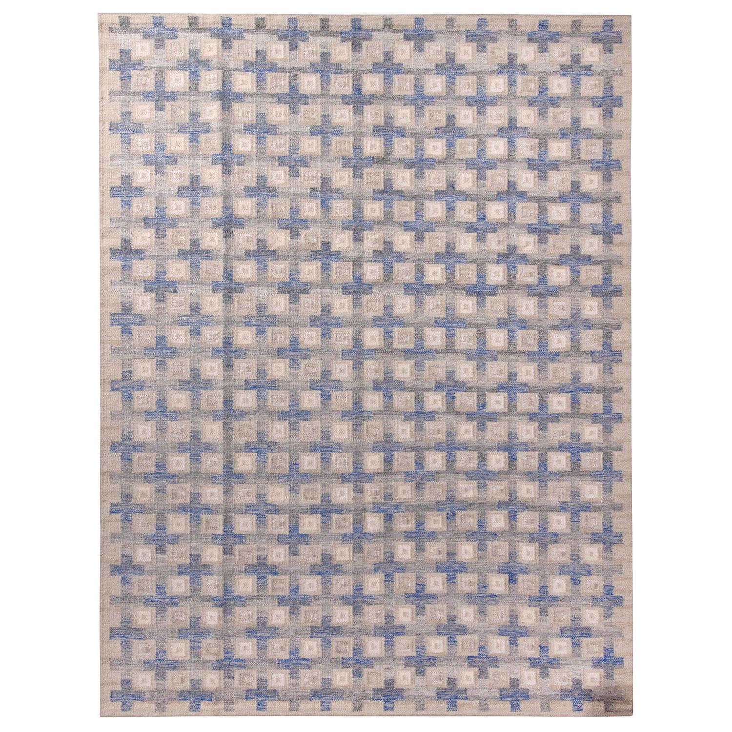 Rug
Kilim - Tappeto moderno in lana beige e blu in stile geometrico scandinavo