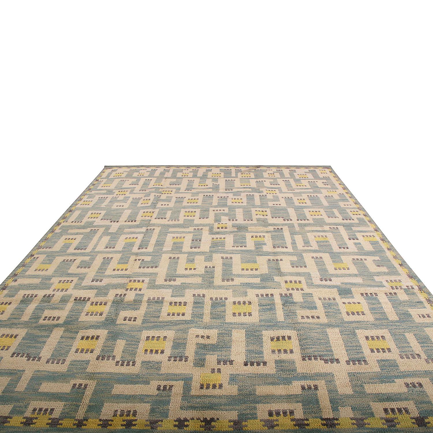 Hand knotted in texturally soft, inviting wool pile, this modern 8 x 10 rug hails from the latest pile additions to Rug & Kilim’s Scandinavian collection, a celebration of Swedish modernism with new large scale geometry and exciting vintage