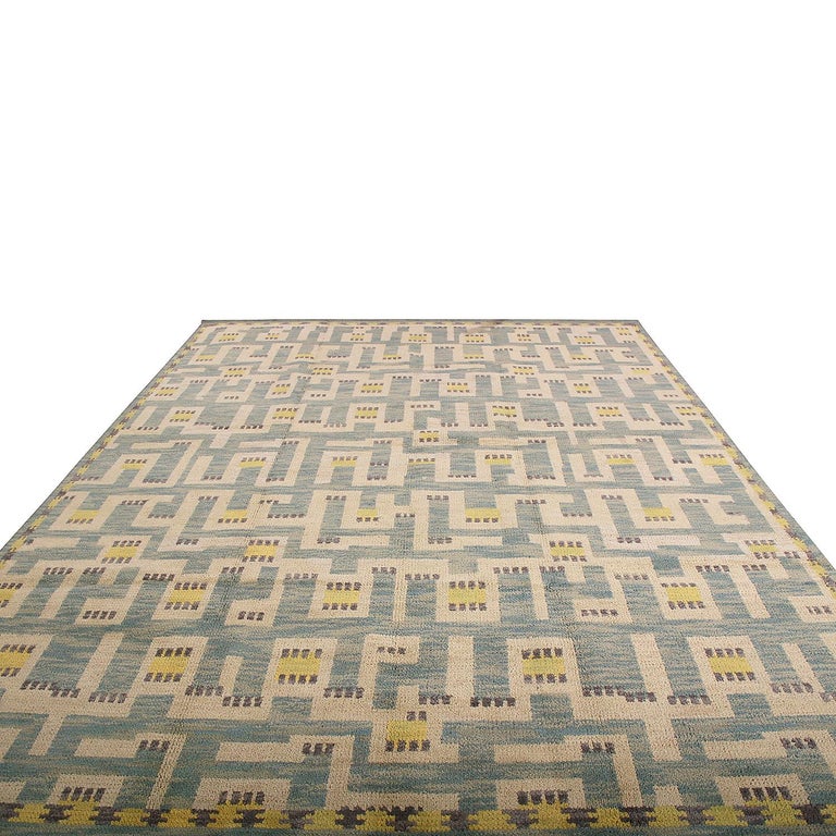 Rug and Kilim’s Scandinavian Style Geometric Beige Blue and Yellow Wool