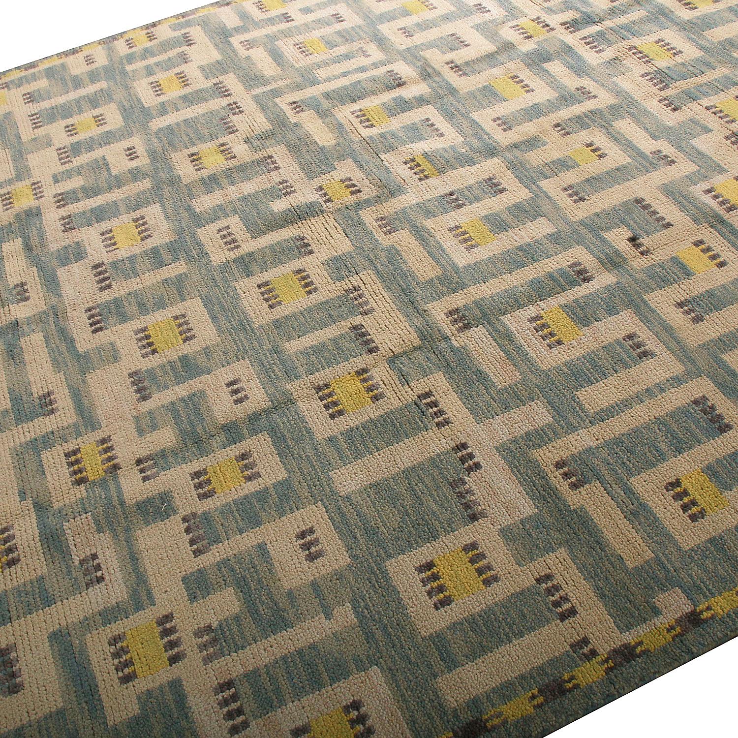 Scandinavian Modern Rug & Kilim’s Scandinavian Style Geometric Beige Blue and Yellow Wool Pile Rug