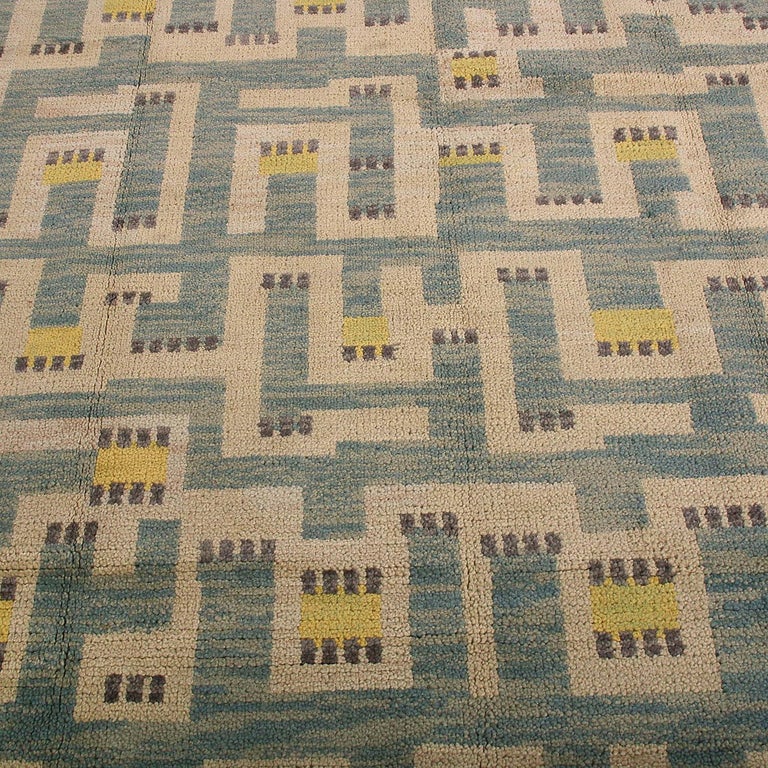 Indian Rug & Kilim’s Scandinavian Style Geometric Beige Blue and Yellow Wool Pile Rug For Sale