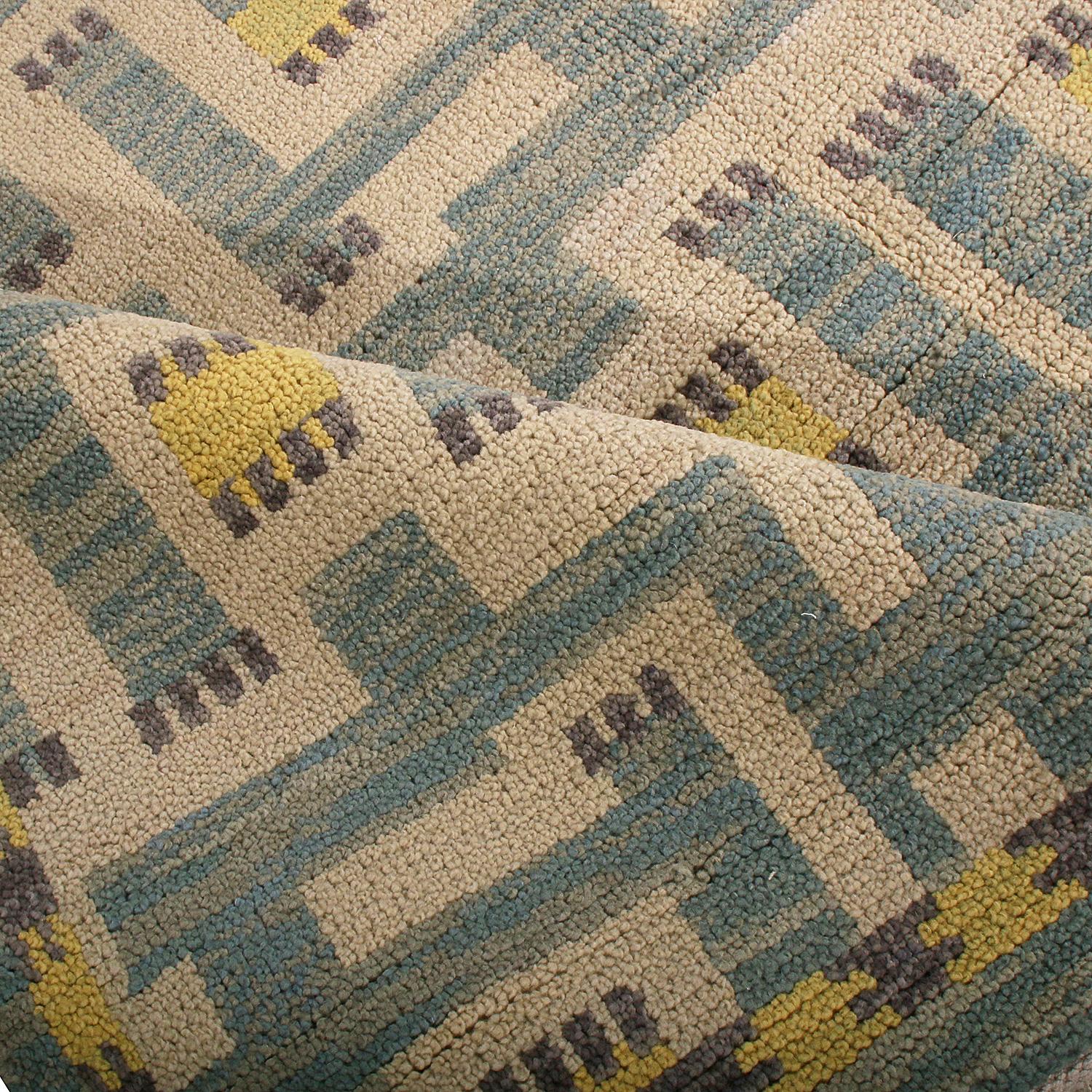 Hand-Knotted Rug & Kilim’s Scandinavian Style Geometric Beige Blue and Yellow Wool Pile Rug