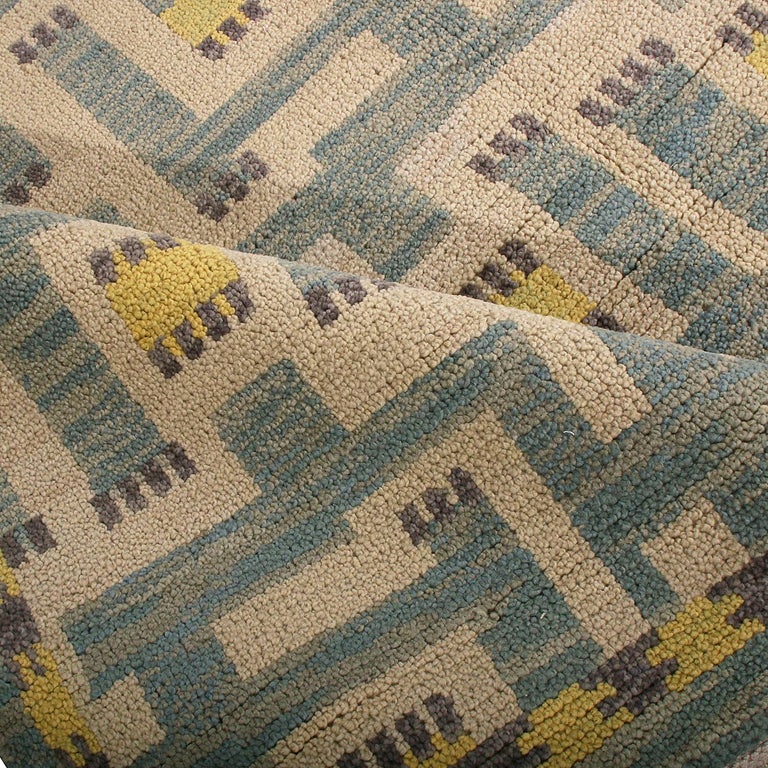 Hand-Knotted Rug & Kilim’s Scandinavian Style Geometric Beige Blue and Yellow Wool Pile Rug For Sale