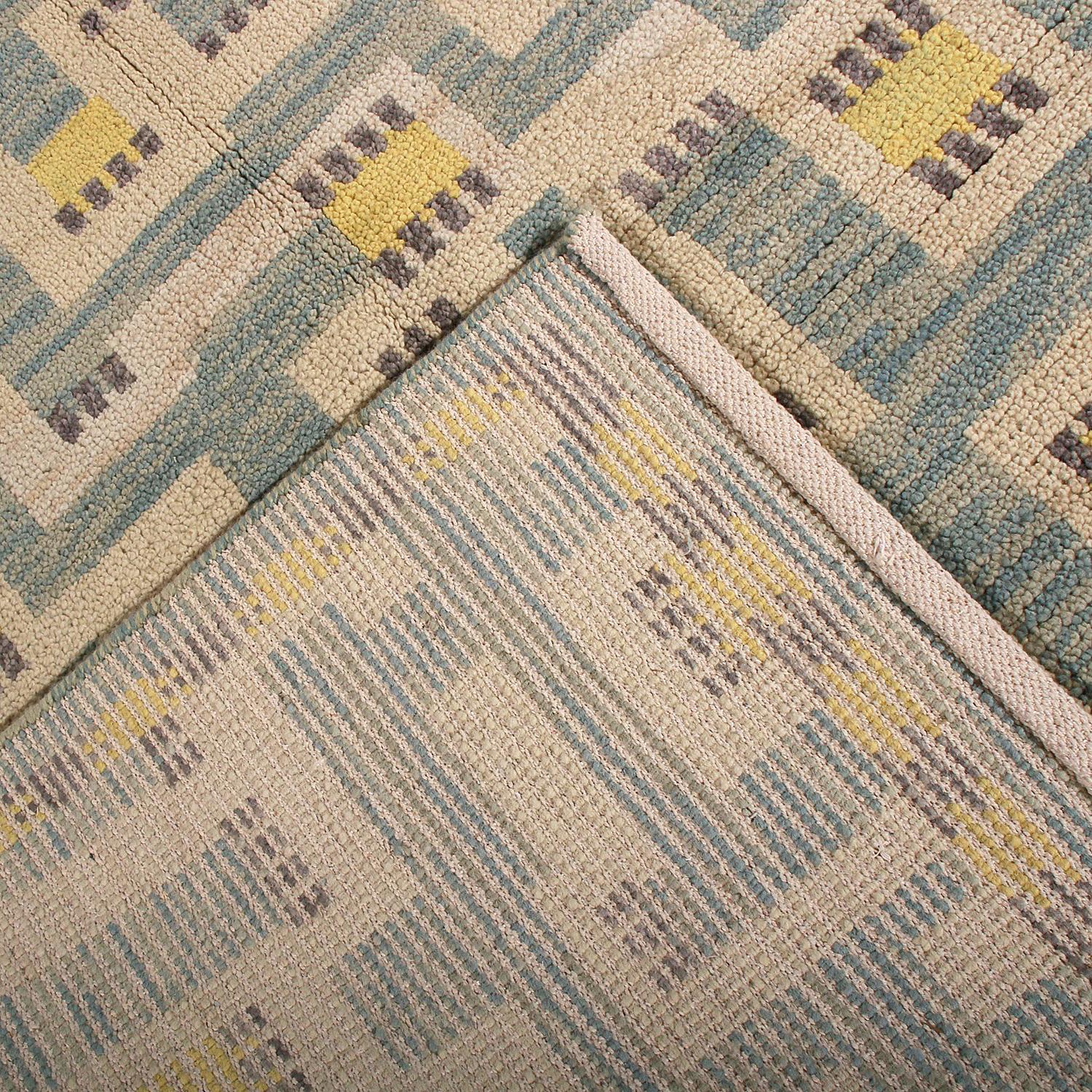 Rug & Kilim’s Scandinavian Style Geometric Beige Blue and Yellow Wool Pile Rug In New Condition In Long Island City, NY