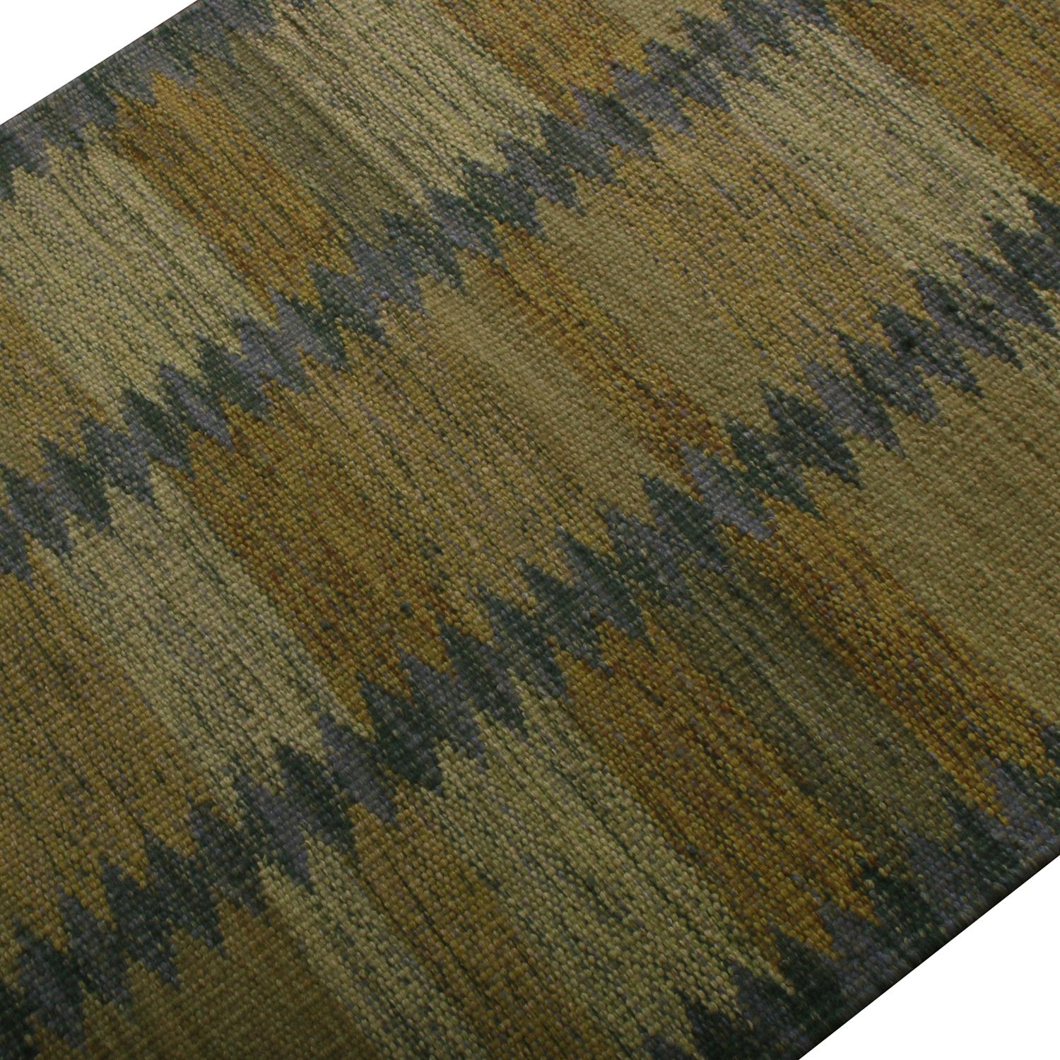 Indian Rug & Kilim’s Scandinavian Style Geometric Beige Brown and Green Wool Kilim