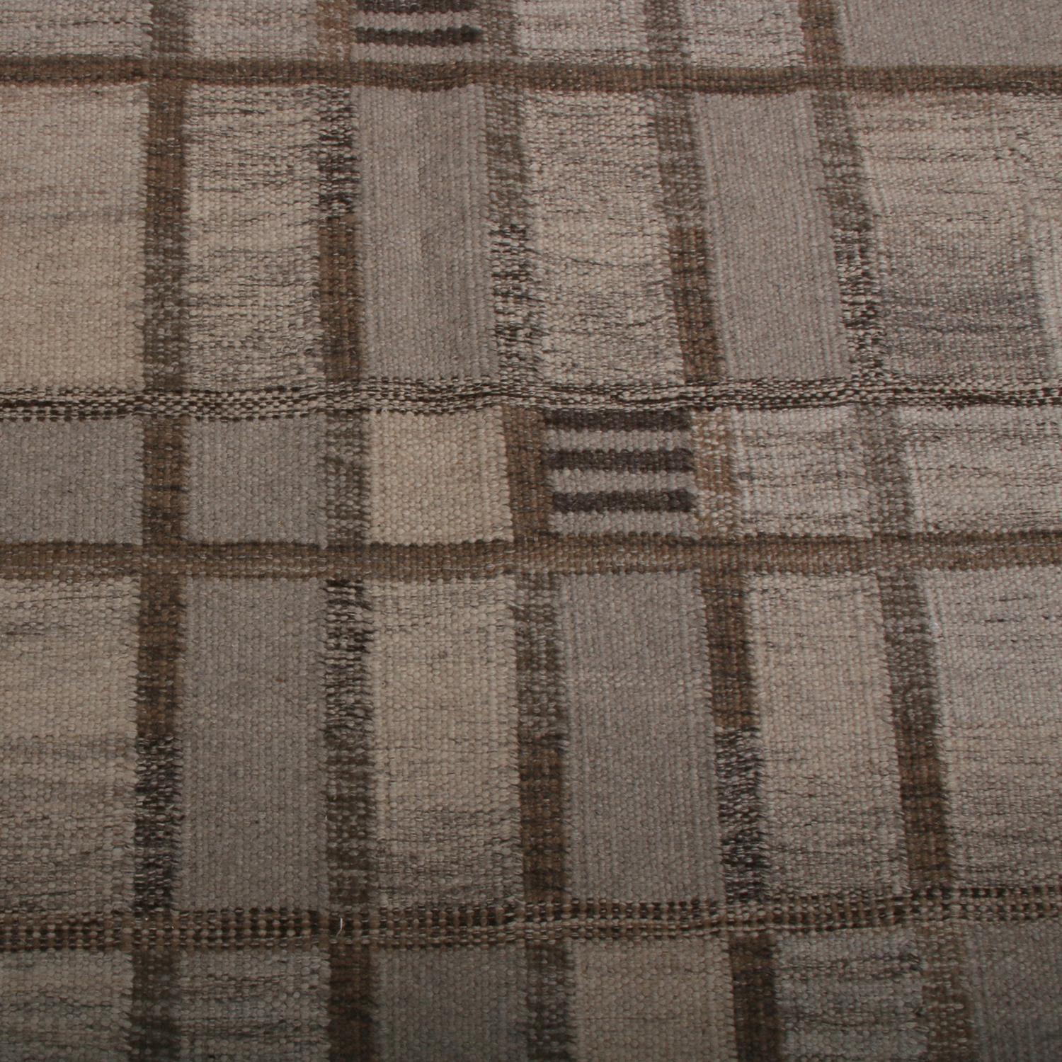 Scandinavian Modern Rug & Kilim’s Scandinavian Style Geometric Beige-Brown Gray and Blue Wool Kilim