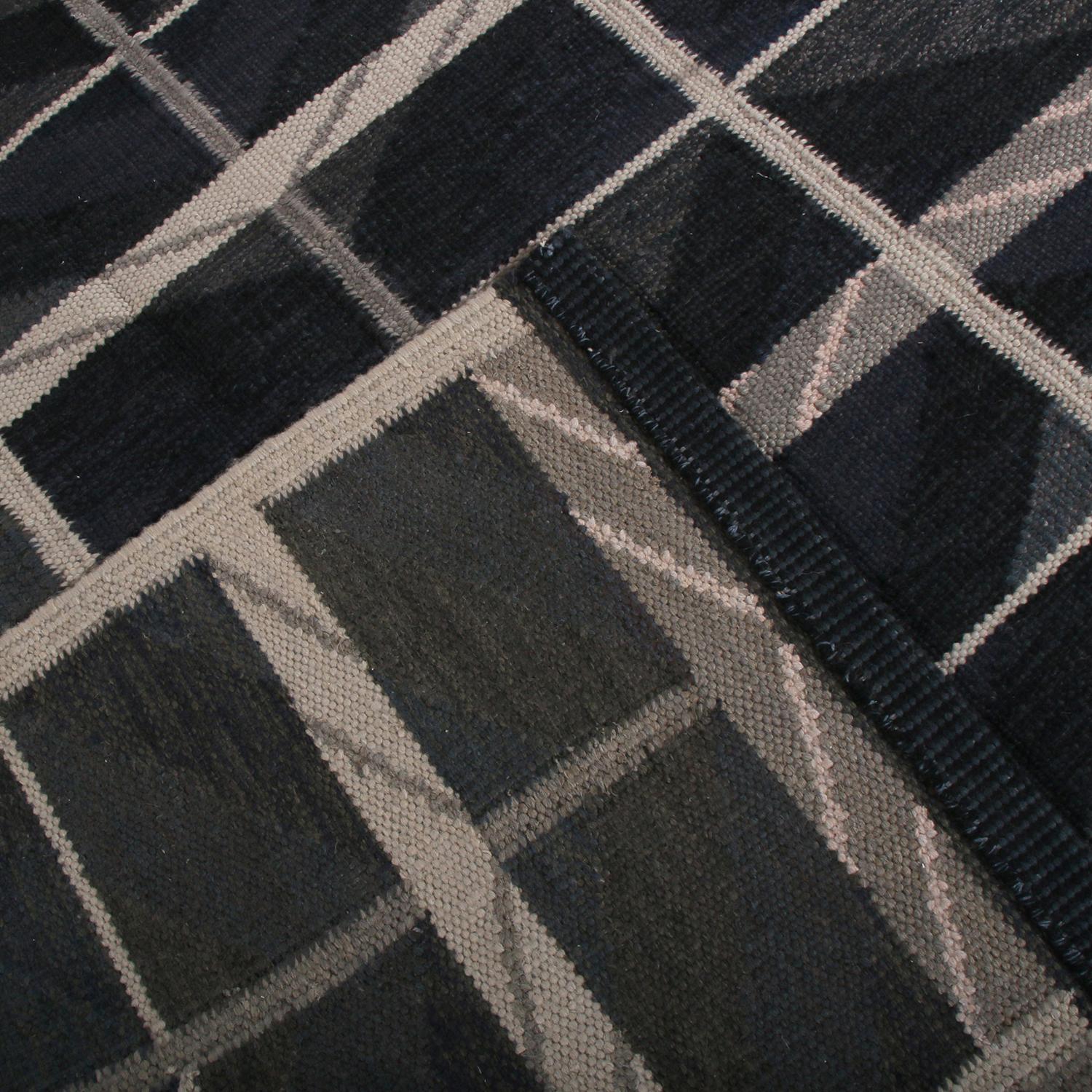 Hand-Woven Rug & Kilim’s Scandinavian Style Geometric Blue and Beige-Brown Wool Kilim Rug