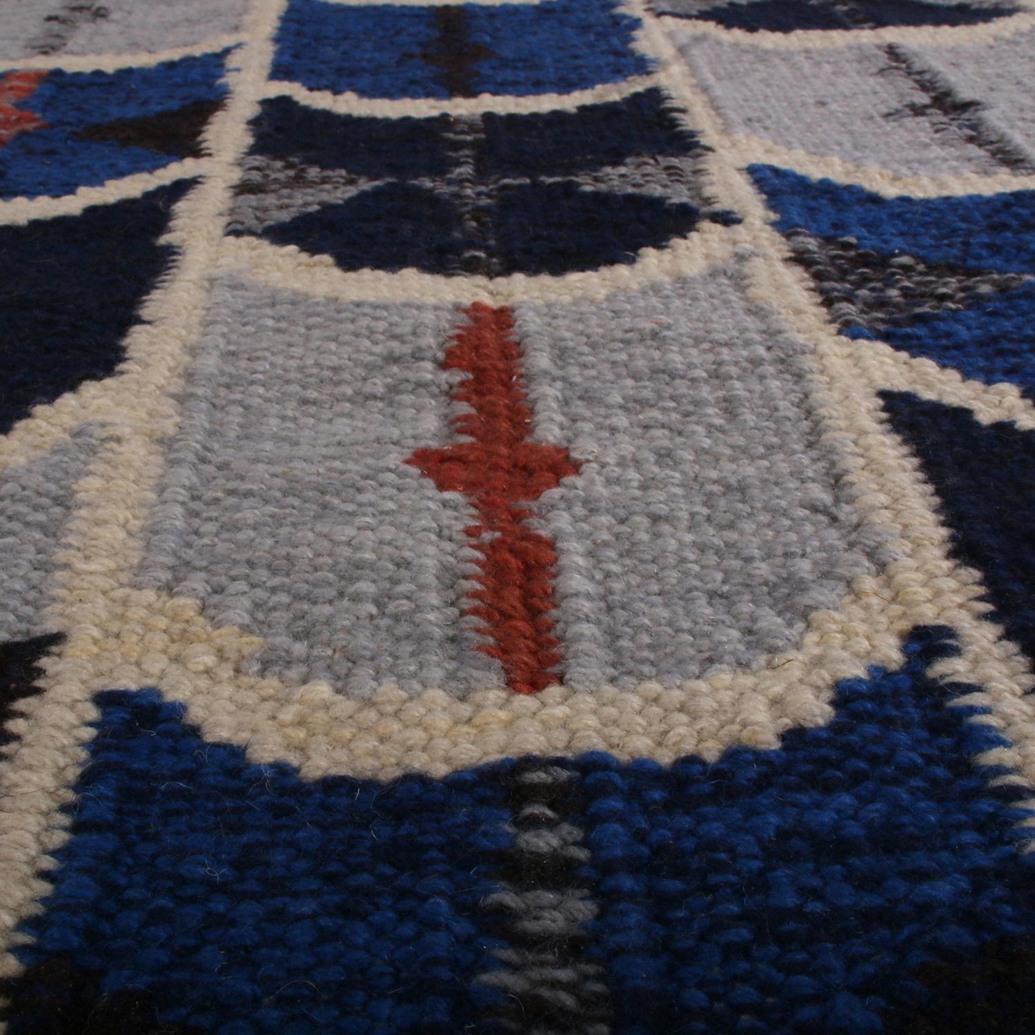 Indian Rug & Kilim’s Scandinavian Style Geometric Blue and Black Wool Modern Kilim