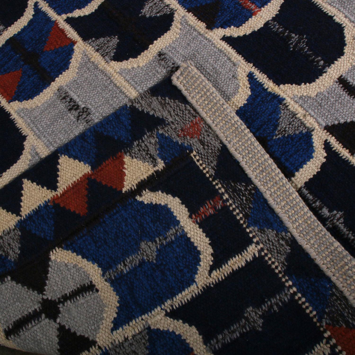 Hand-Woven Rug & Kilim’s Scandinavian Style Geometric Blue and Black Wool Modern Kilim