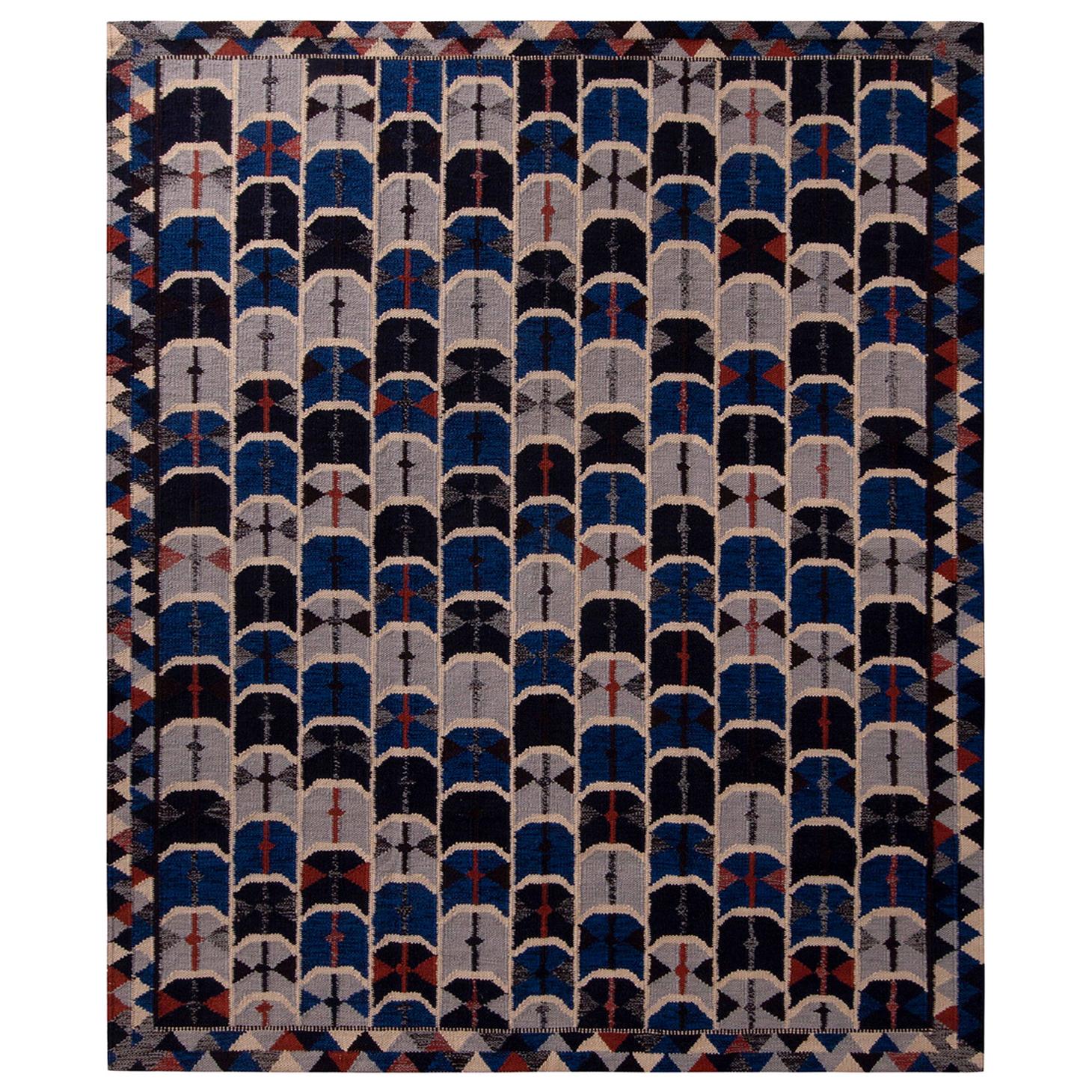 Kilim moderno geométrico de lana azul y negra de estilo escandinavo de Rug 
Kilim en venta