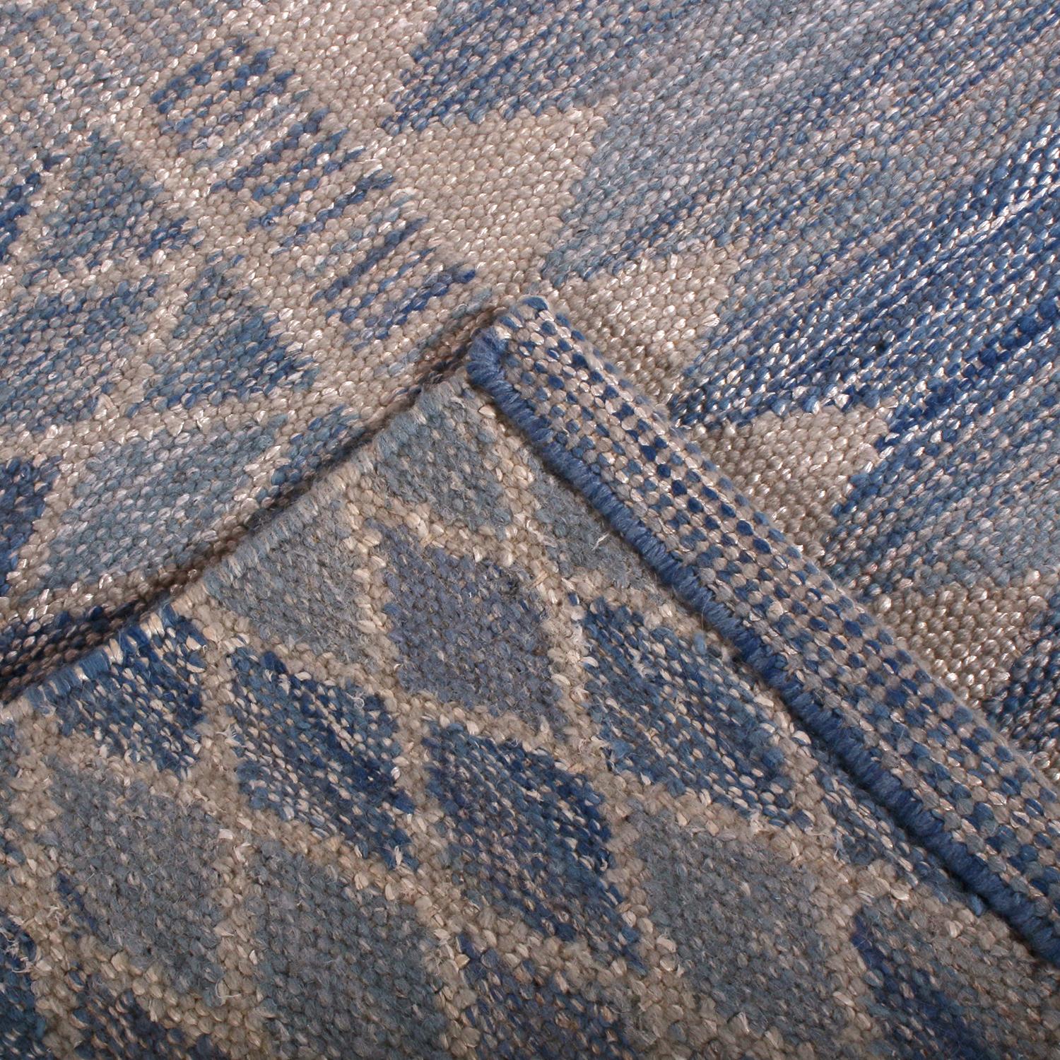 Indian Rug & Kilim’s Scandinavian Style Geometric Blue and Gray Wool Kilim Rug