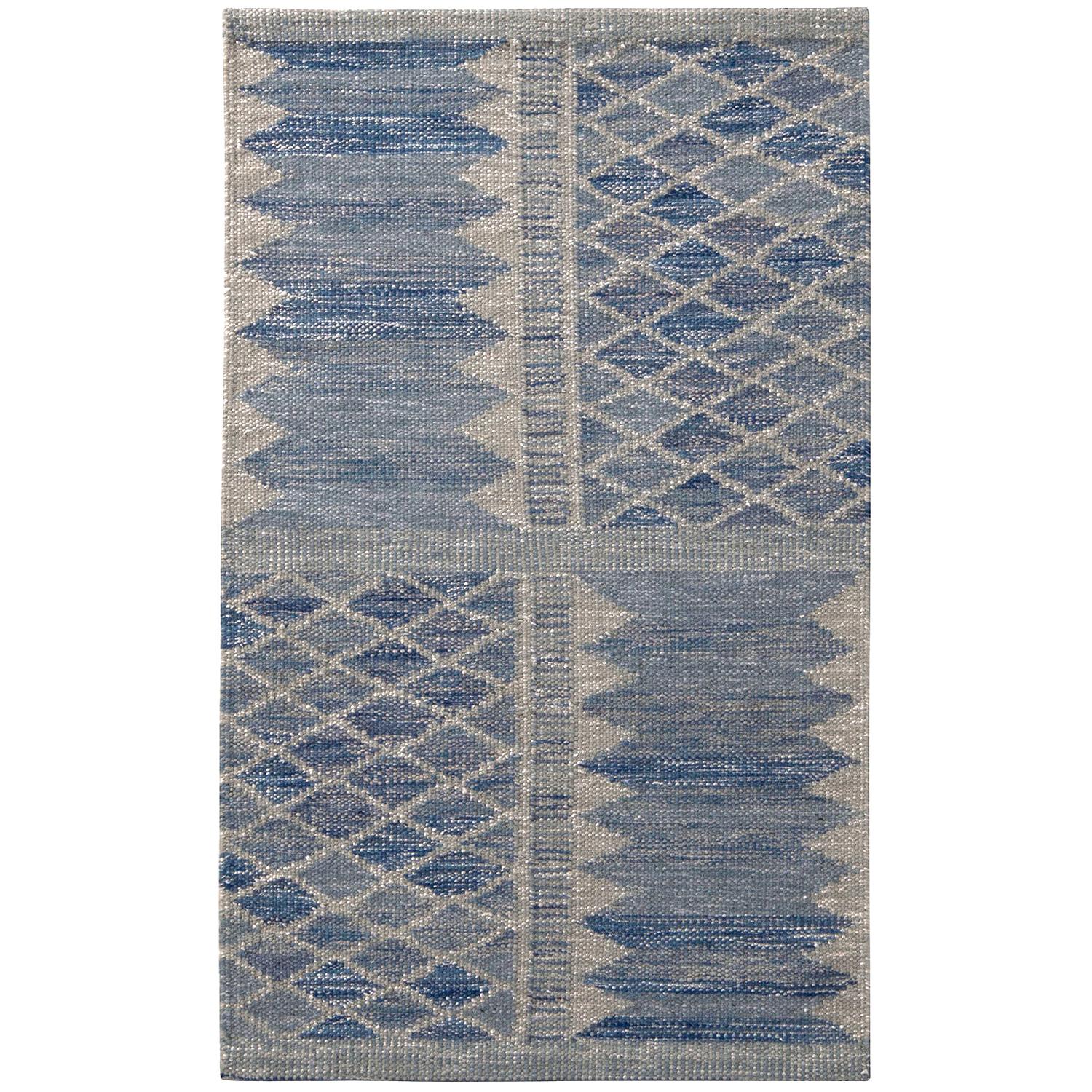 Rug & Kilim’s Scandinavian Style Geometric Blue and Gray Wool Kilim Rug