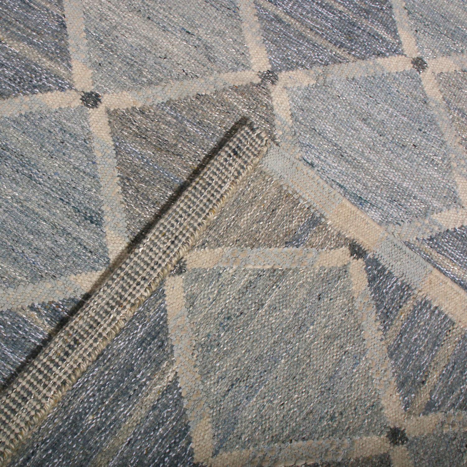 Hand-Knotted Rug & Kilim’s Scandinavian Style Geometric Diamond Gray and Blue Wool Kilim For Sale