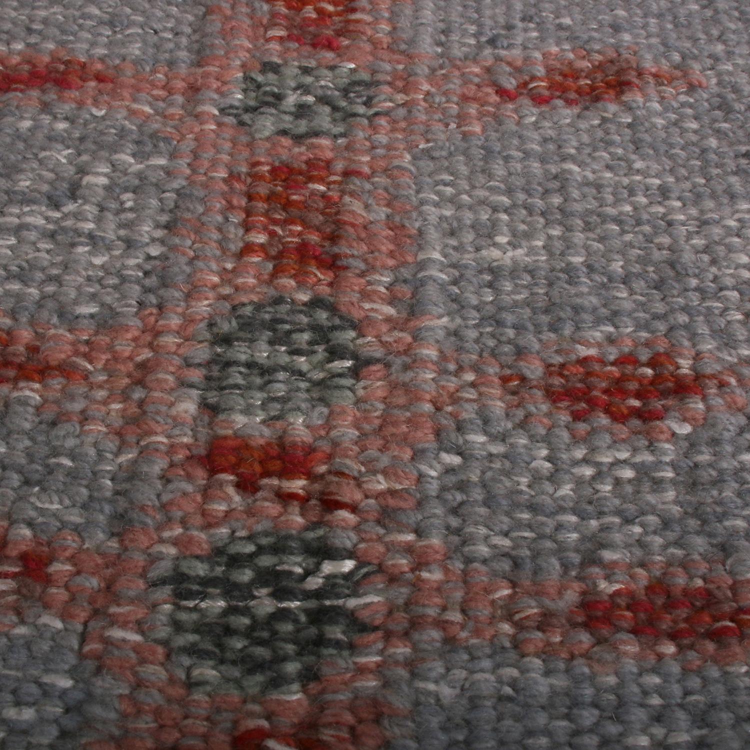 Scandinavian Modern Rug & Kilim’s Scandinavian Style Geometric Floral Gray and Red Wool Kilim Rug