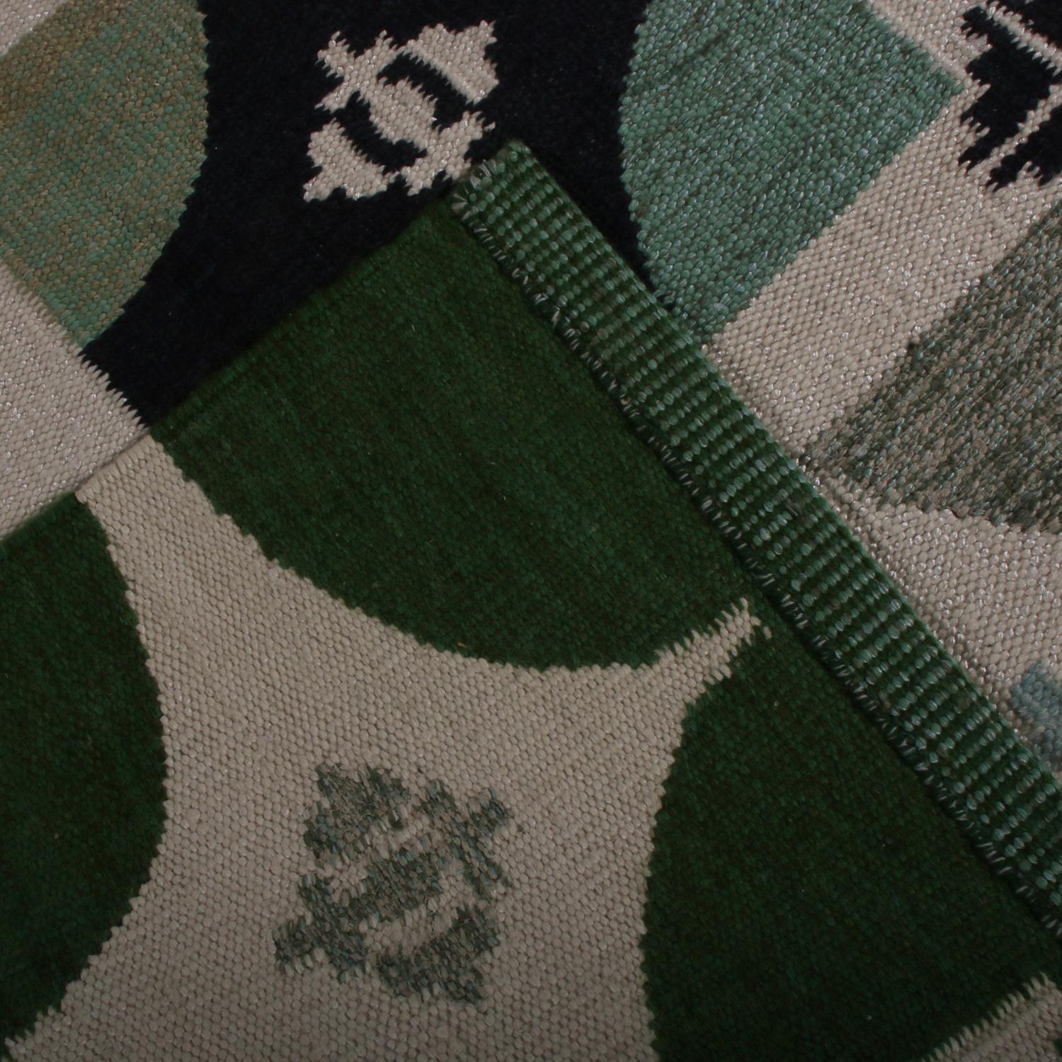 Hand-Woven Rug & Kilim’s Scandinavian Style Geometric Green and White Wool Kilim Rug