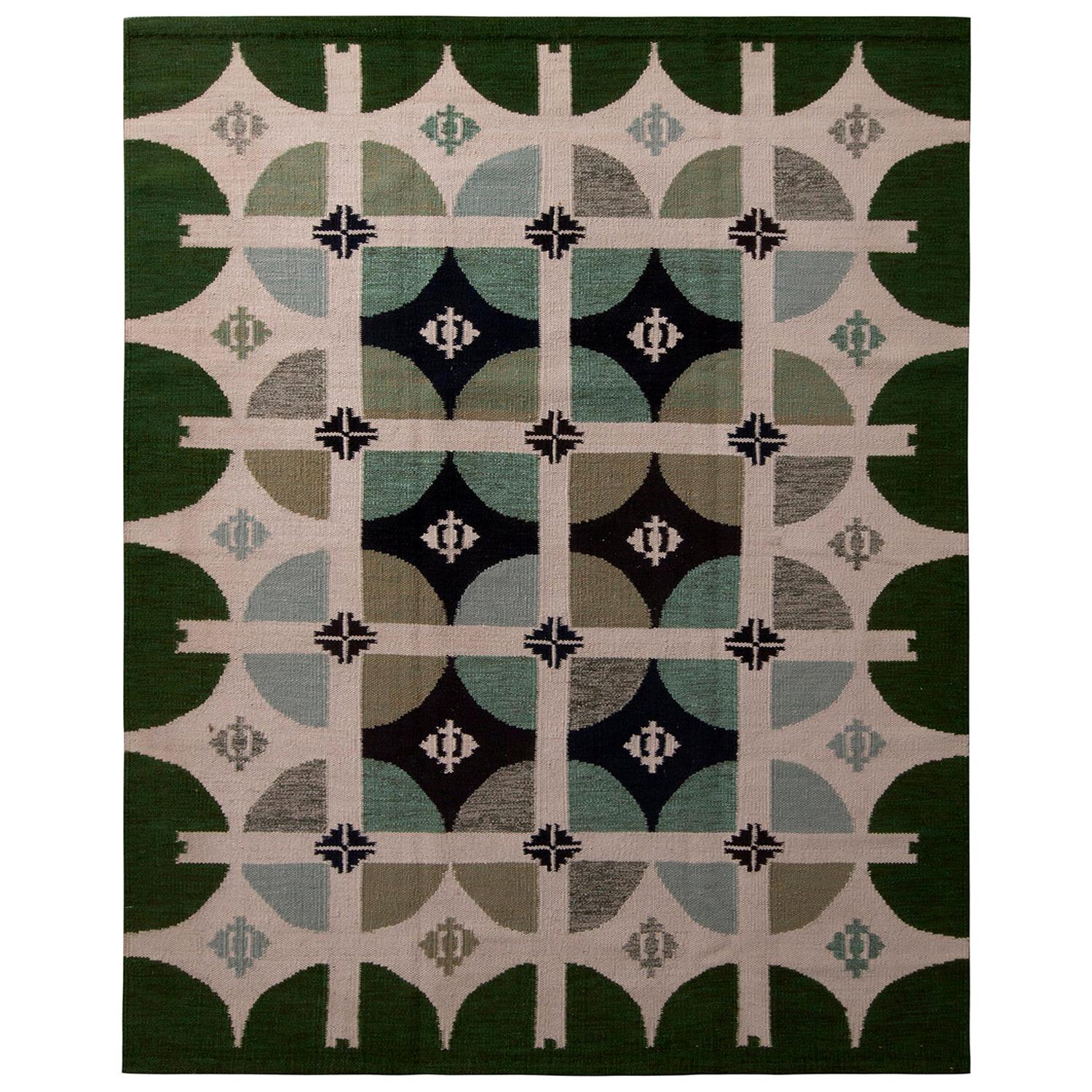 Rug & Kilim’s Scandinavian Style Geometric Green and White Wool Kilim Rug For Sale