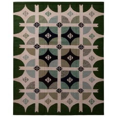 Tapis Kilim en laine vert et blanc de style scandinave géométrique Kilims