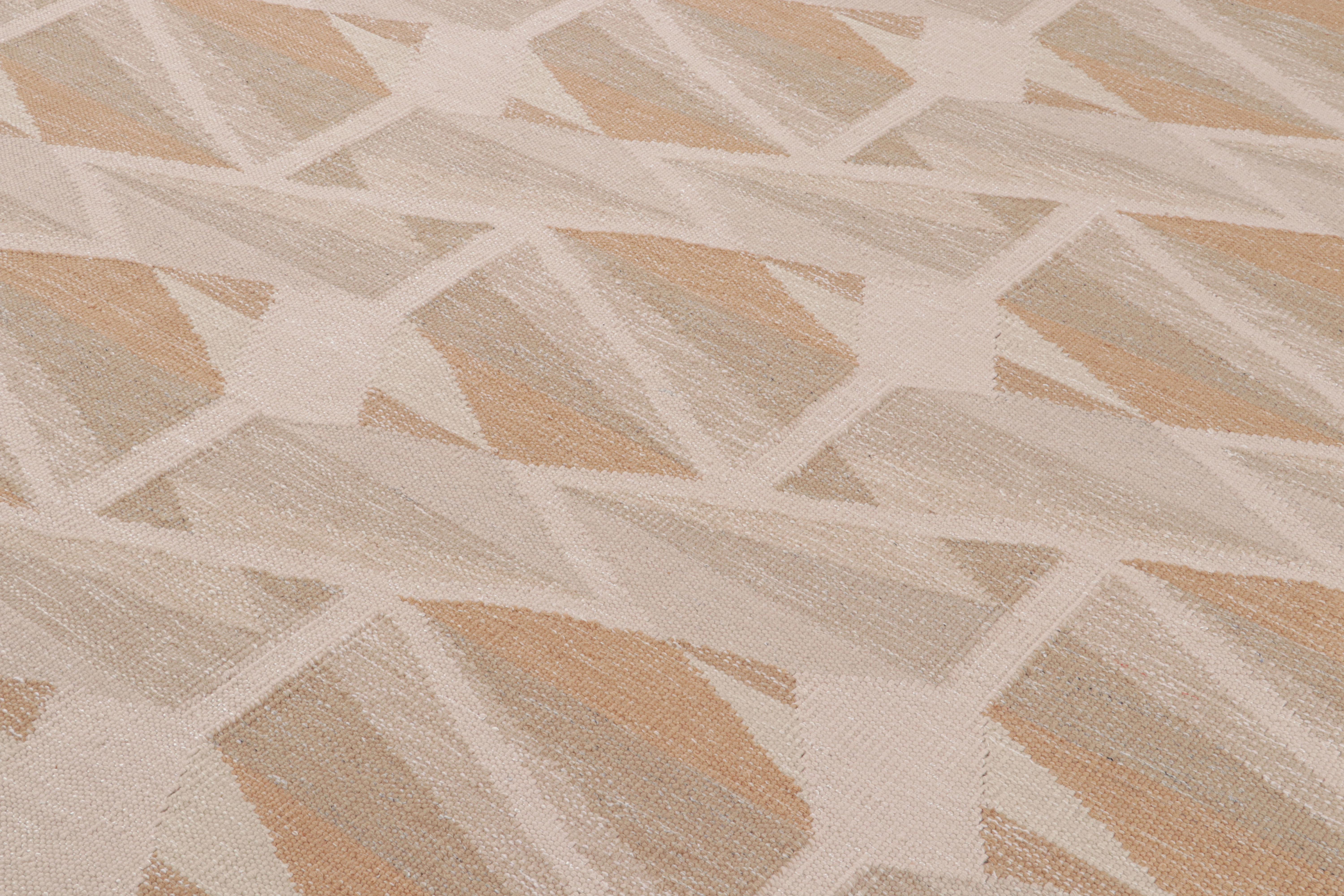 Handwoven in wool, this 8x10 rug features beige-brown, white and terracotta tones underscore geometric patterns inspired by the Swedish minimalist style.  

On the design: 

Keen eyes may admire a subtle colorway that favors a unique play of beige,