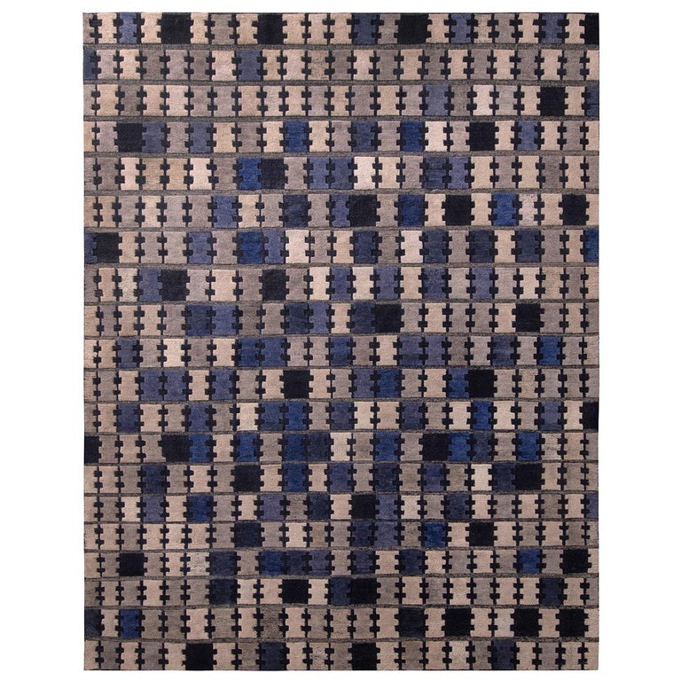 Rug and Kilim’s Scandinavian Style Geometric Silver Gray and Blue Wool ...