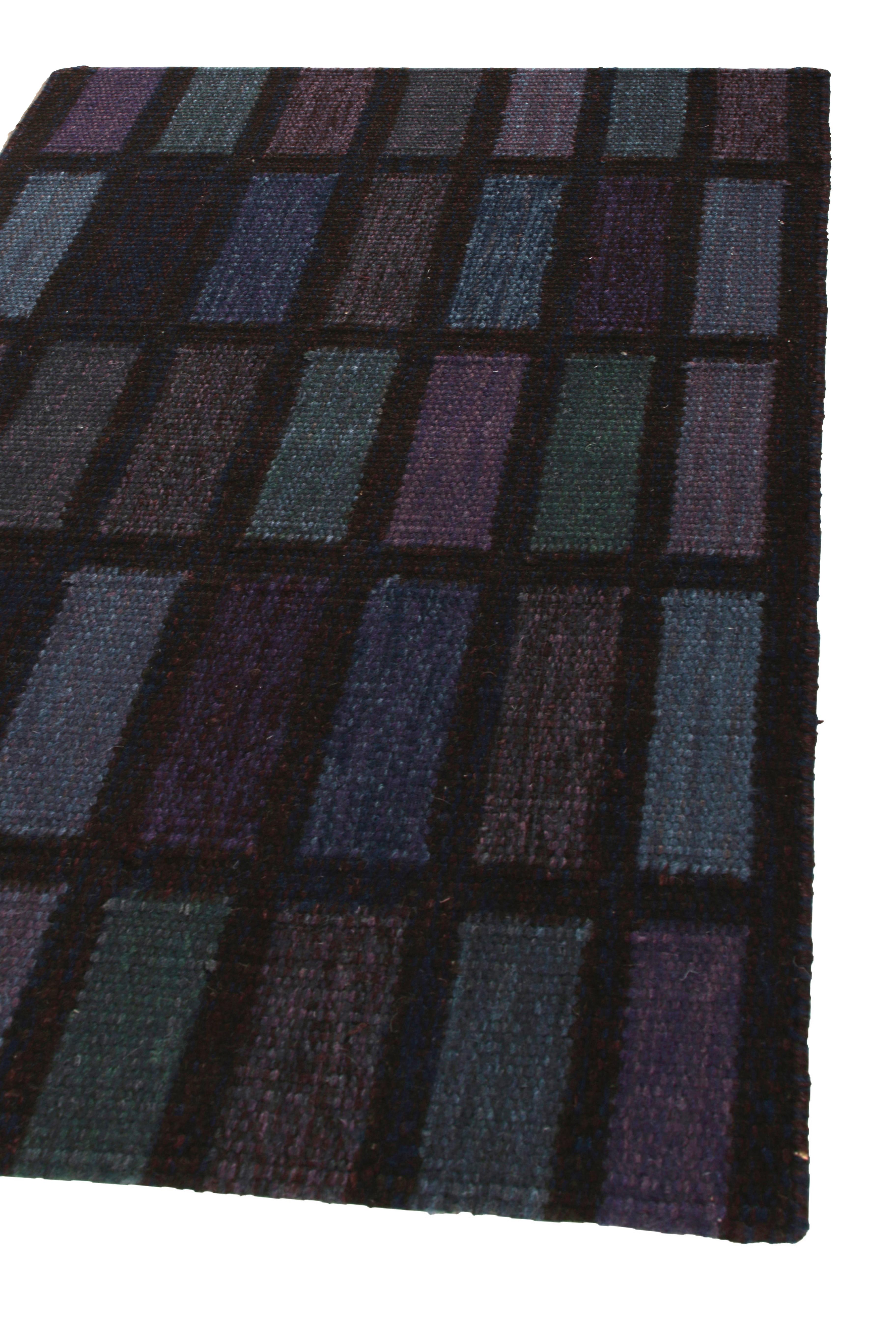 Indian Rug & Kilim’s Scandinavian Style Gift-Size Kilim in Purple and Blue Patterns