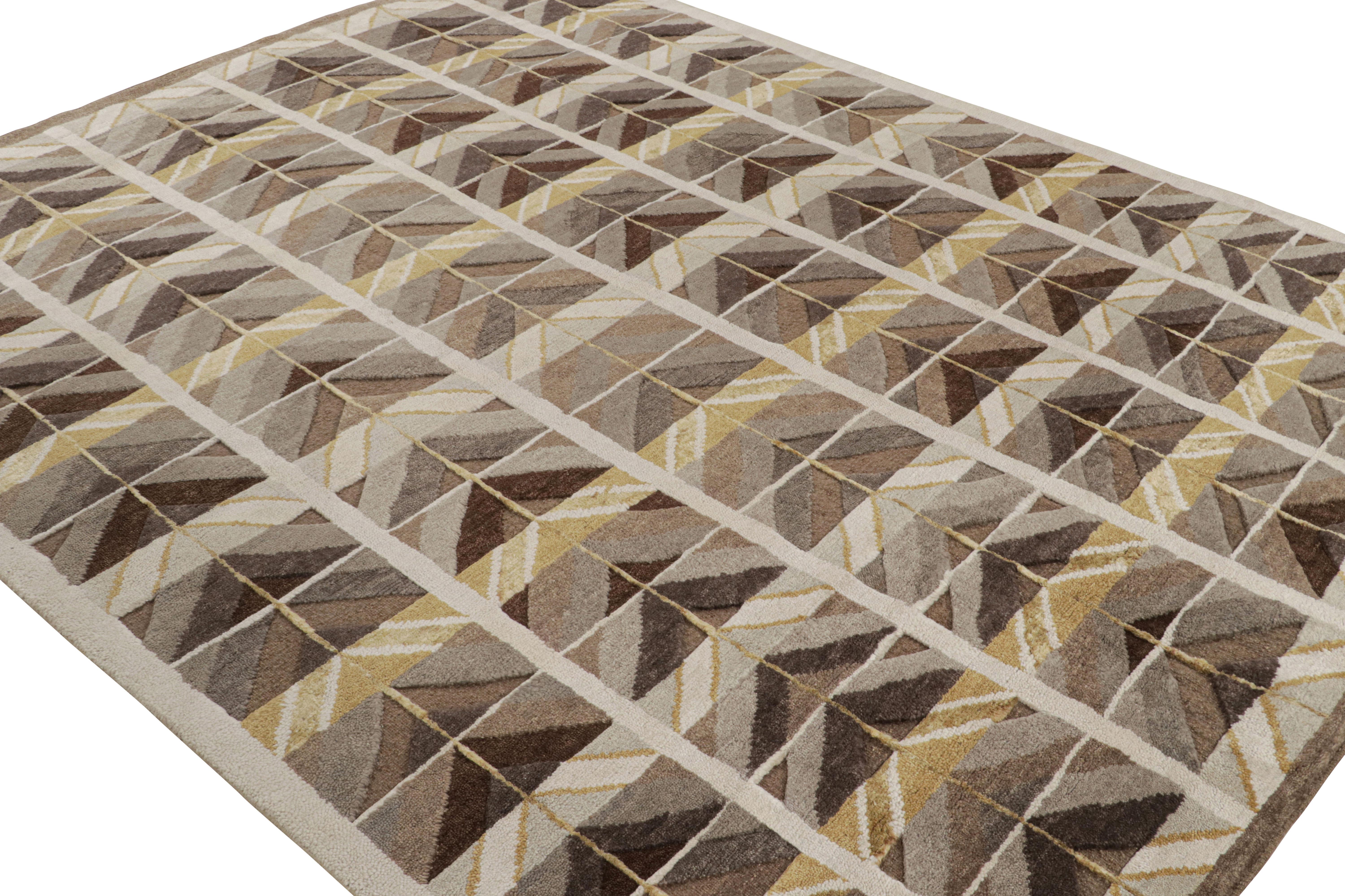 Hand-knotted in wool and silk, this 8x10 Scandinavian rug is from our “High” line, named for its high-low texture married to the geometric patterns inspired by Swedish minimalist aesthetics. 

On the design: 

In this particular rug, taupe,