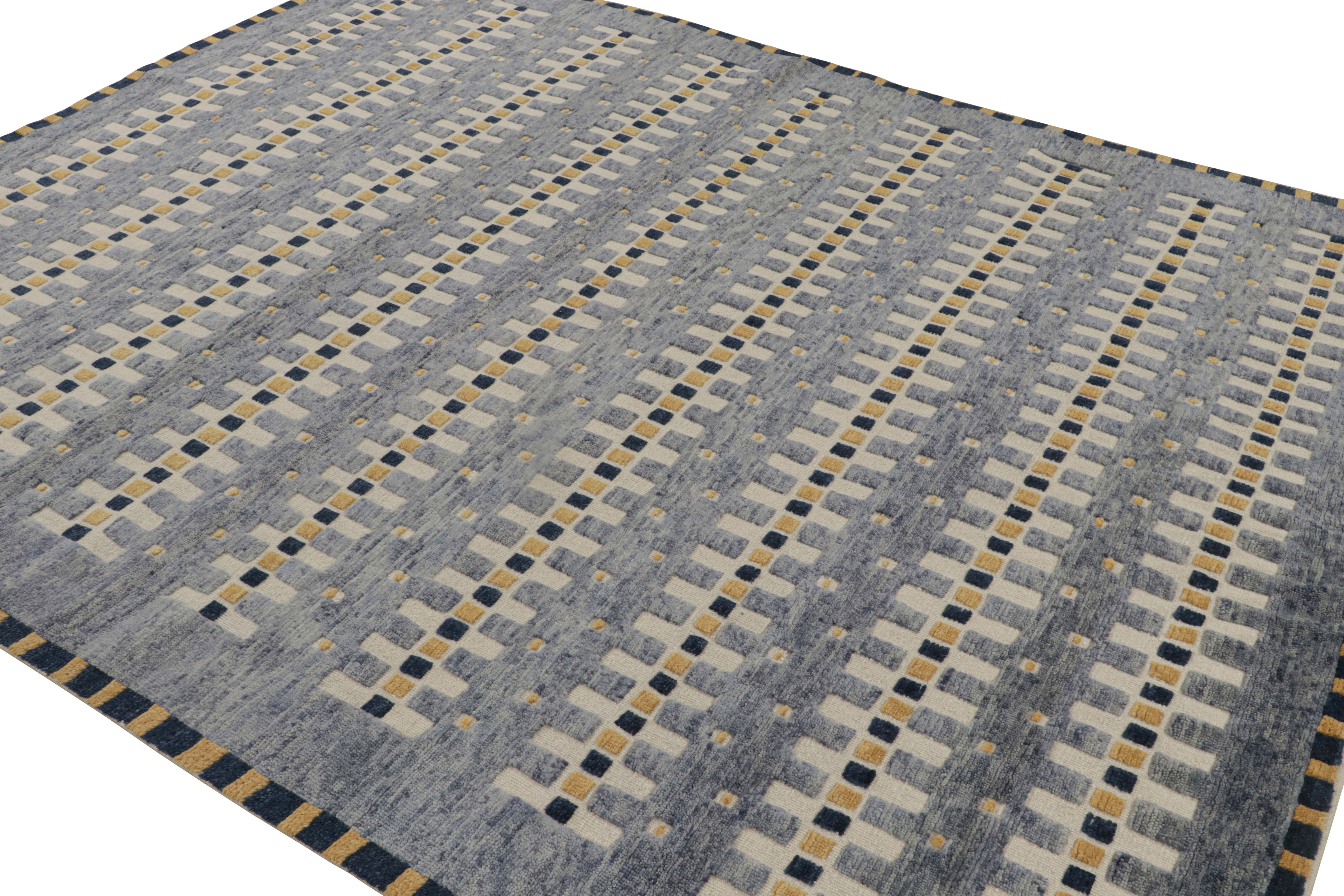 Hand-knotted in wool, this 8x10 Scandinavian kilim rug features geometric patterns in the Swedish minimalist-meets-mid-century modern look. 

On the design: 

Admirers of the craft may admire the pattern and texture of this rug that are married to