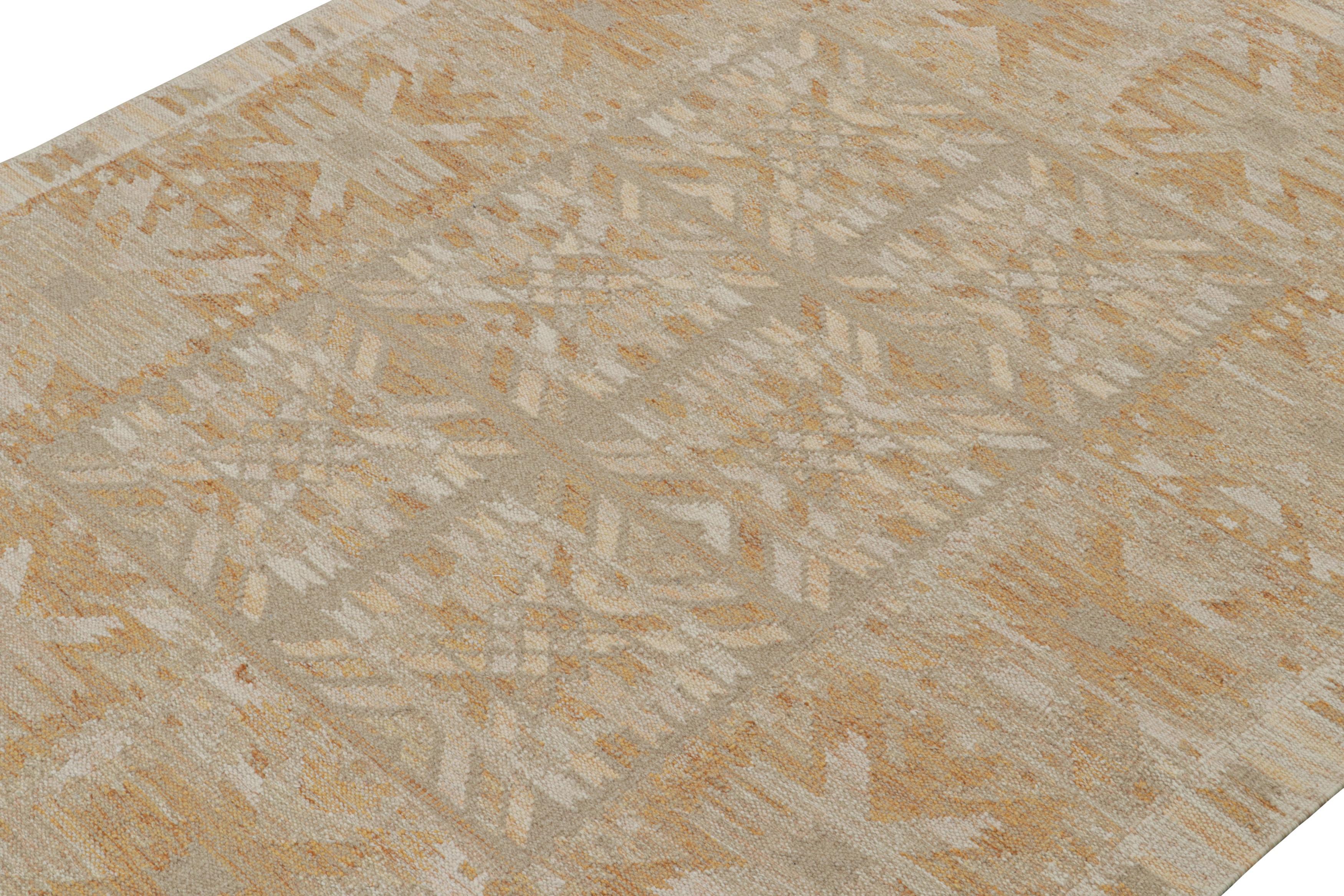 This 10x12 Swedish style kilim is from the inventive “Nu” texture in Rug & Kilim’s award-winning Scandinavian flat weave collection. Handwoven in wool, its design reflects a contemporary take on mid-century Rollakans and Swedish Deco style.

On the