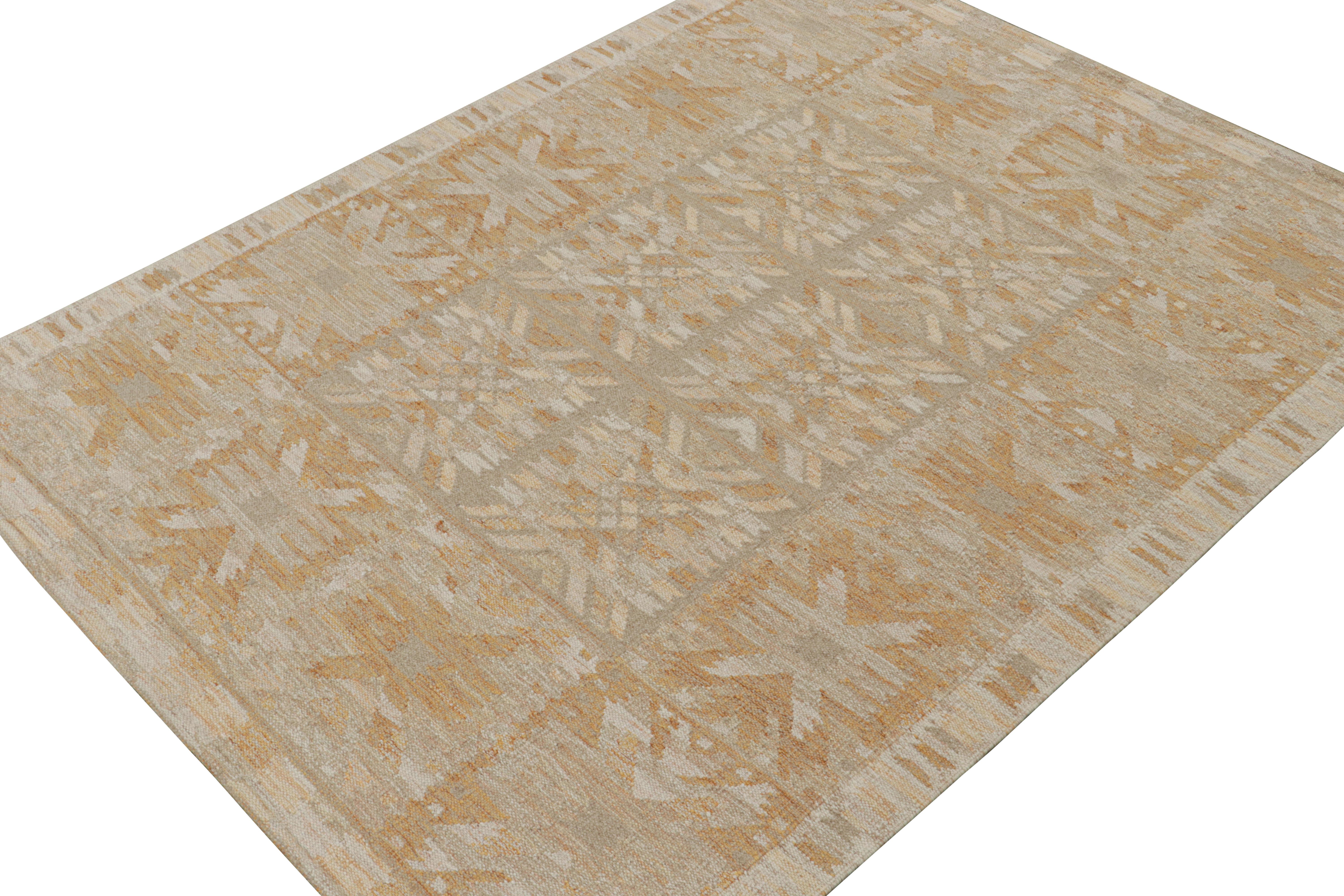 Hand-Knotted Rug & Kilim’s Scandinavian Style Kilim in Beige and Gold Geometric Patterns For Sale