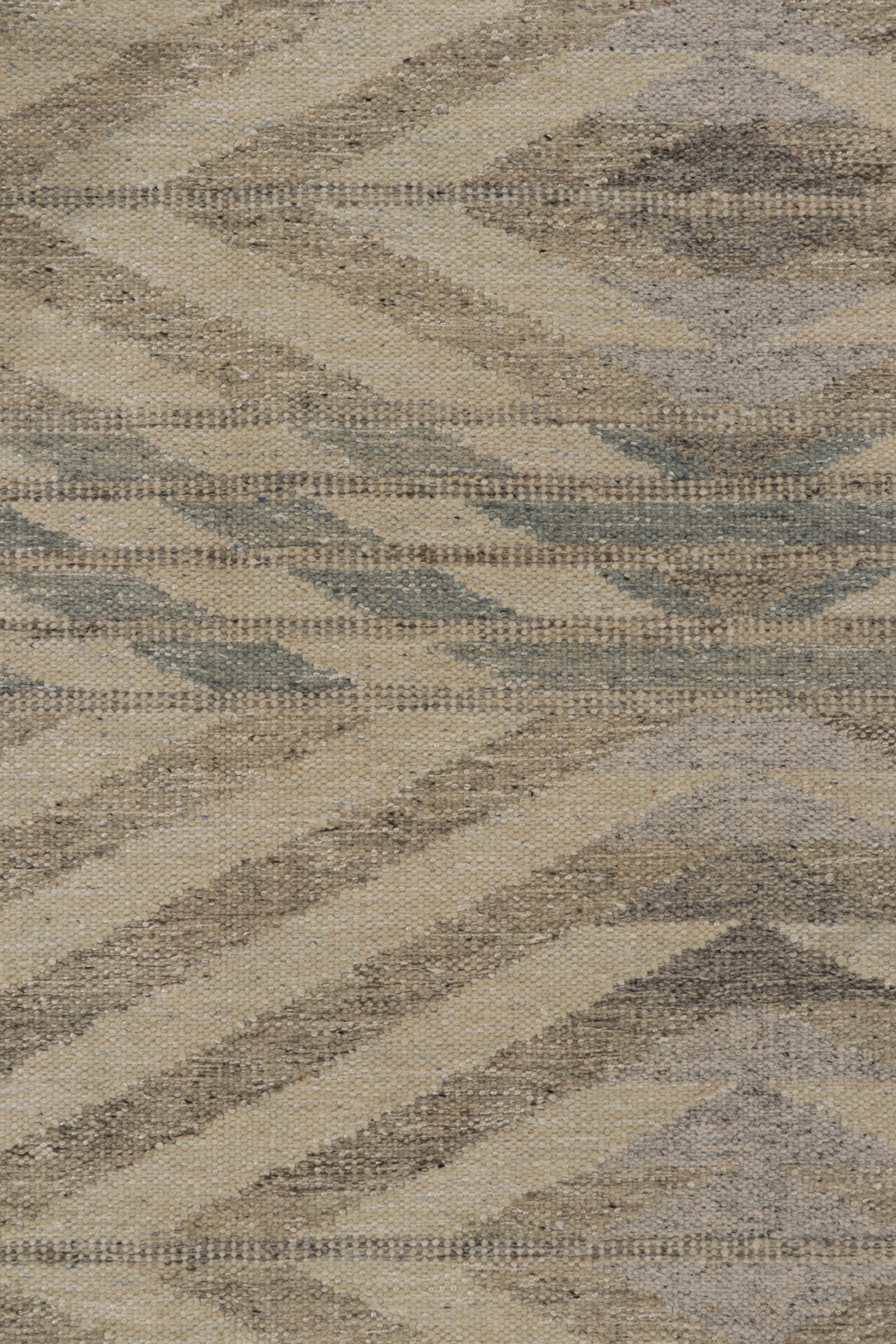 Modern Rug & Kilim’s Scandinavian Style Kilim in Beige-Brown and Blue Chevrons For Sale
