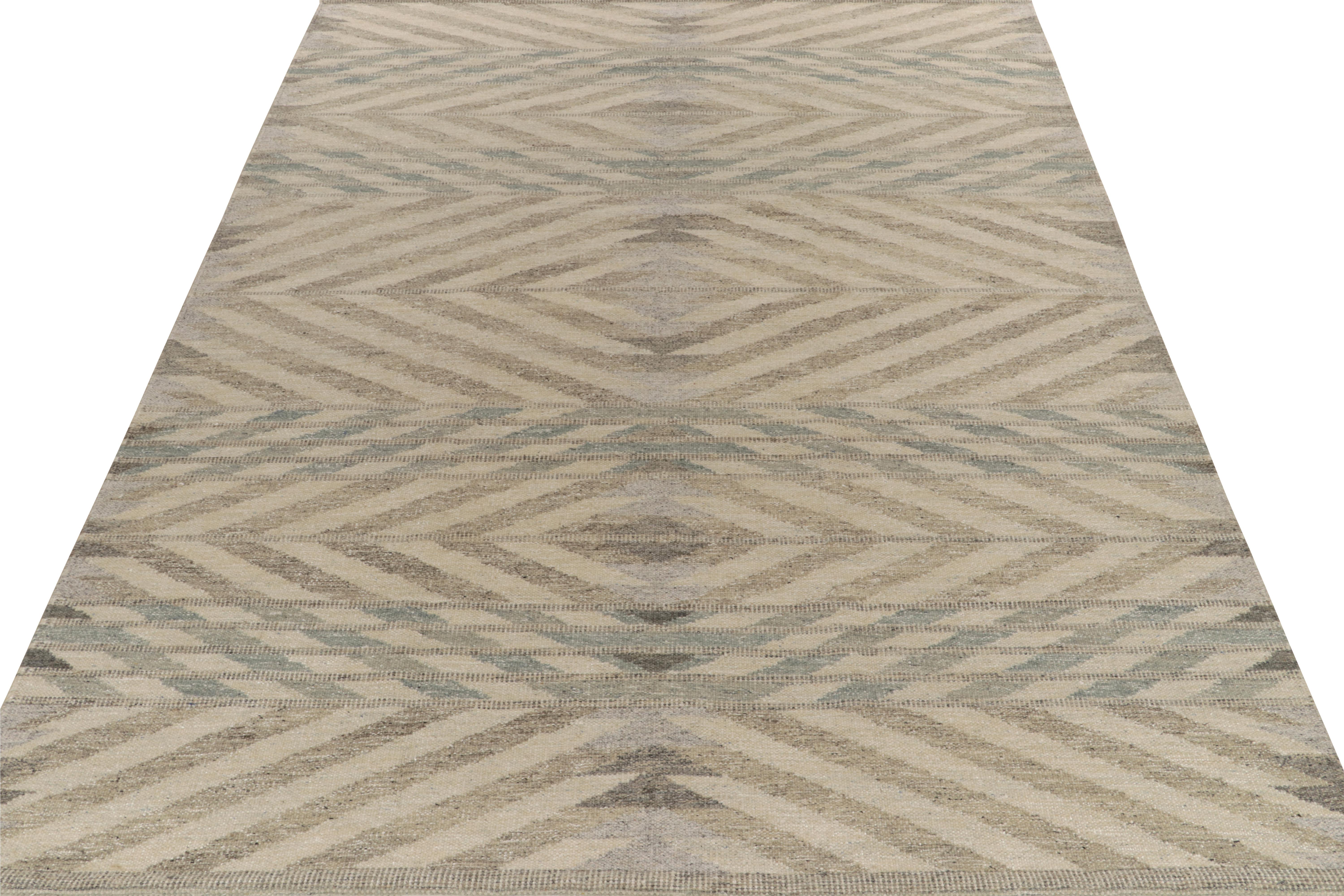 Hand-Knotted Rug & Kilim’s Scandinavian Style Kilim in Beige-Brown and Blue Chevrons For Sale