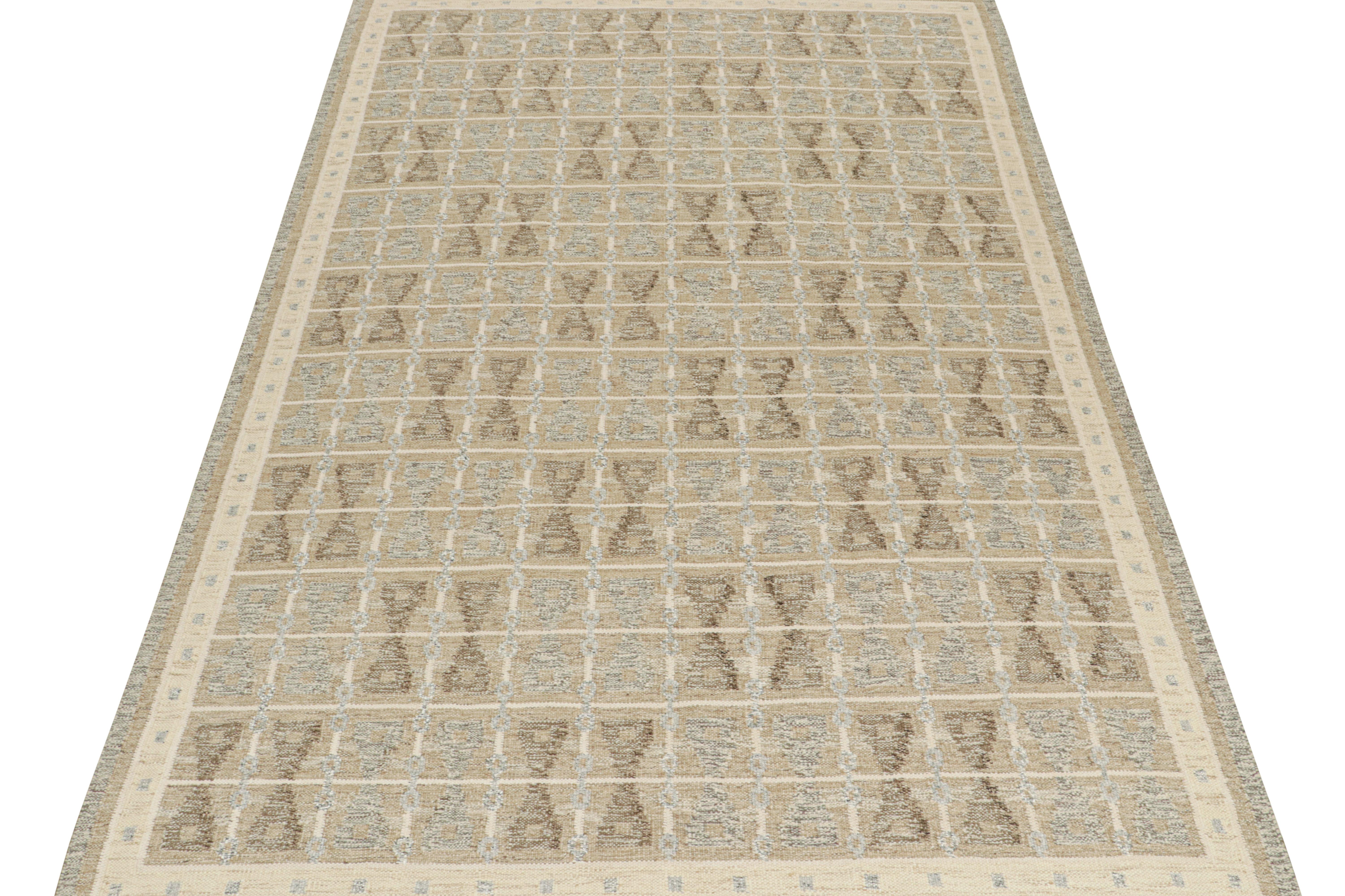 Dieser 10x14 Kilim ist eine kühne Neuheit in der Scandinavian Collection'S von Rug & Kilim. Das aus Wolle und natürlichen Garnen handgewebte Design spiegelt eine zeitgenössische Interpretation des Rollakans aus der Mitte des Jahrhunderts und des