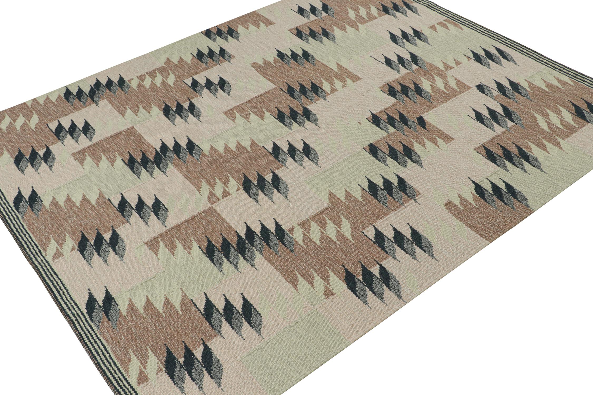Rug & Kilim's skandinavischer Kelim in Beige-Braun & Grün Geometrisch gemustert (Skandinavische Moderne) im Angebot