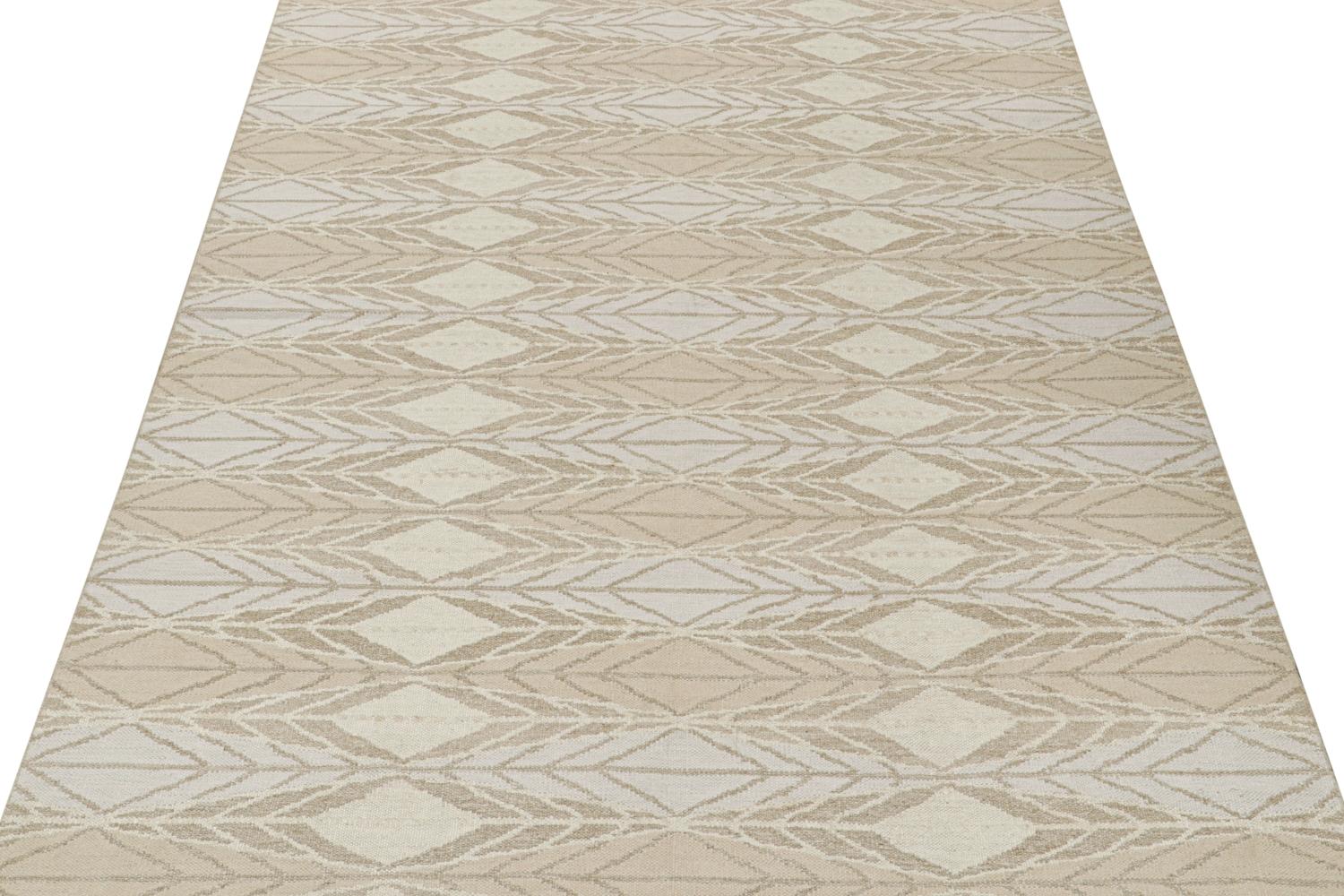 Hand-Knotted Rug & Kilim’s Scandinavian Style Kilim in Beige-Brown & White Geometric Pattern For Sale