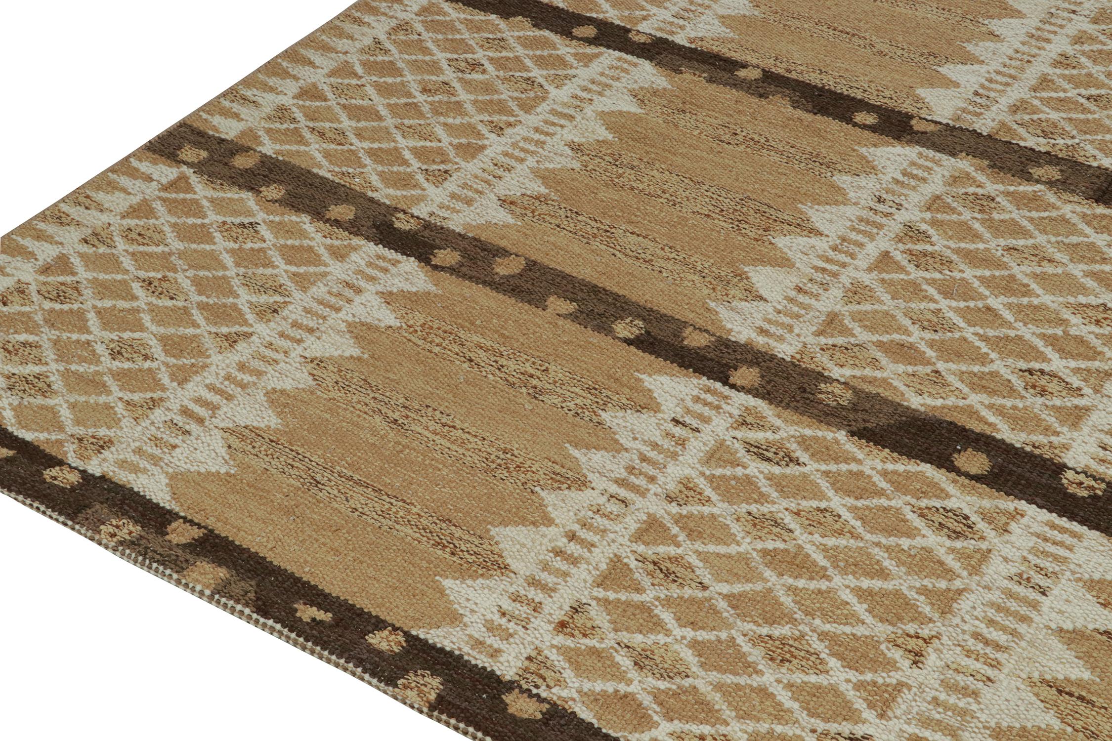 Hand-Knotted Rug & Kilim’s Scandinavian Style Kilim in Beige-Brown & White Geometric Pattern For Sale