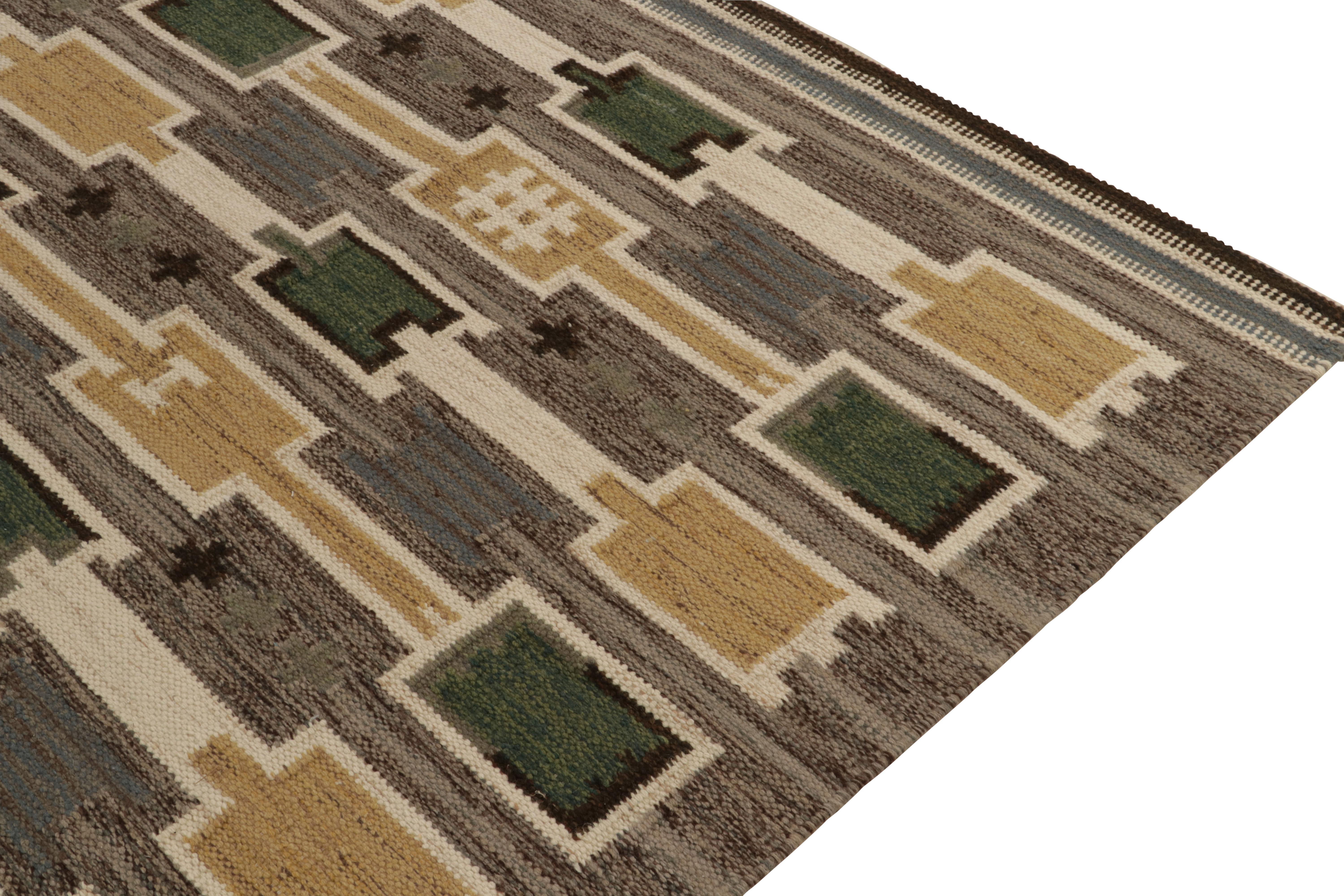 Hand-Knotted Rug & Kilim’s Scandinavian Style Kilim in Beige, Green & Gold Geometric Patterns For Sale