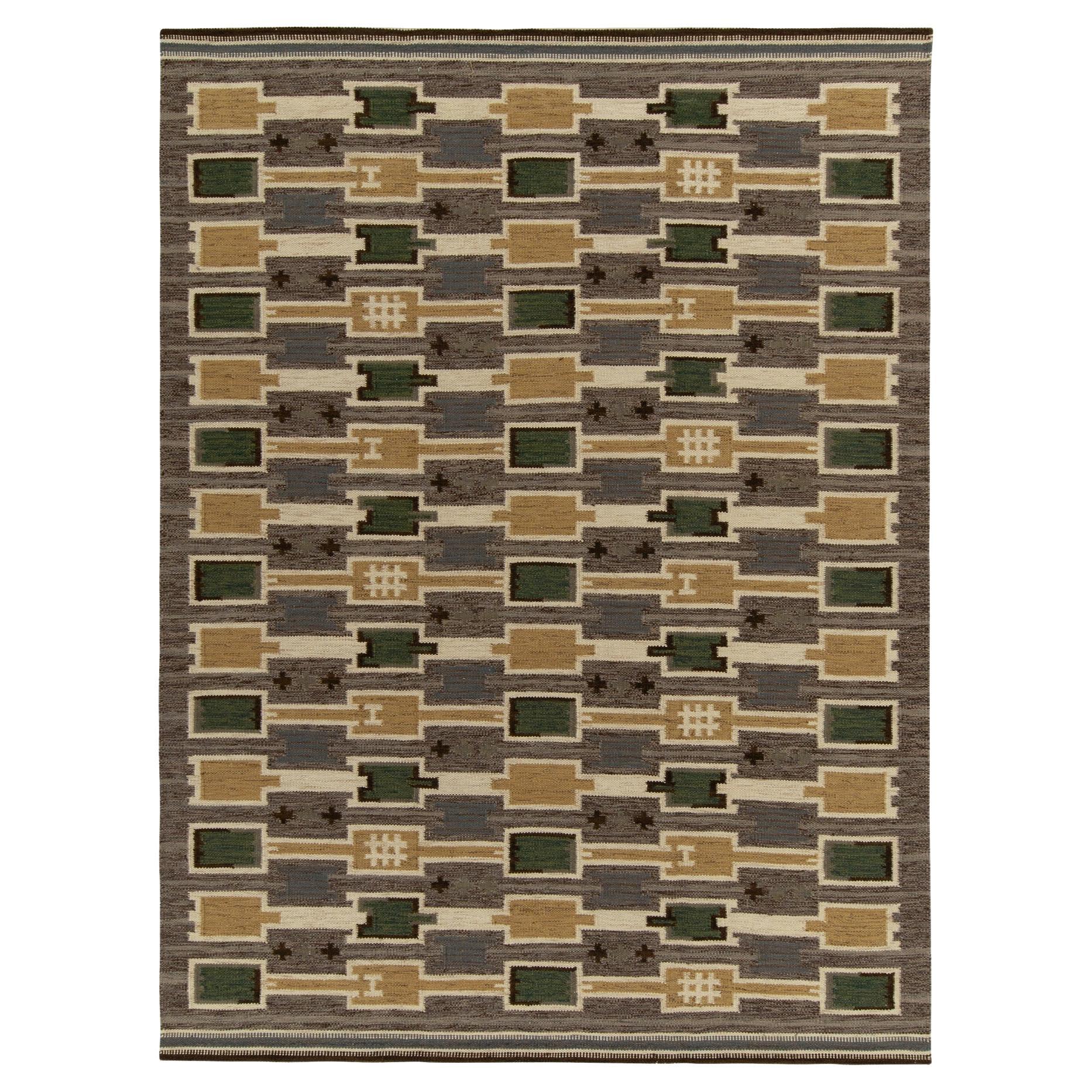 Rug & Kilim’s Scandinavian Style Kilim in Beige, Green & Gold Geometric Patterns For Sale