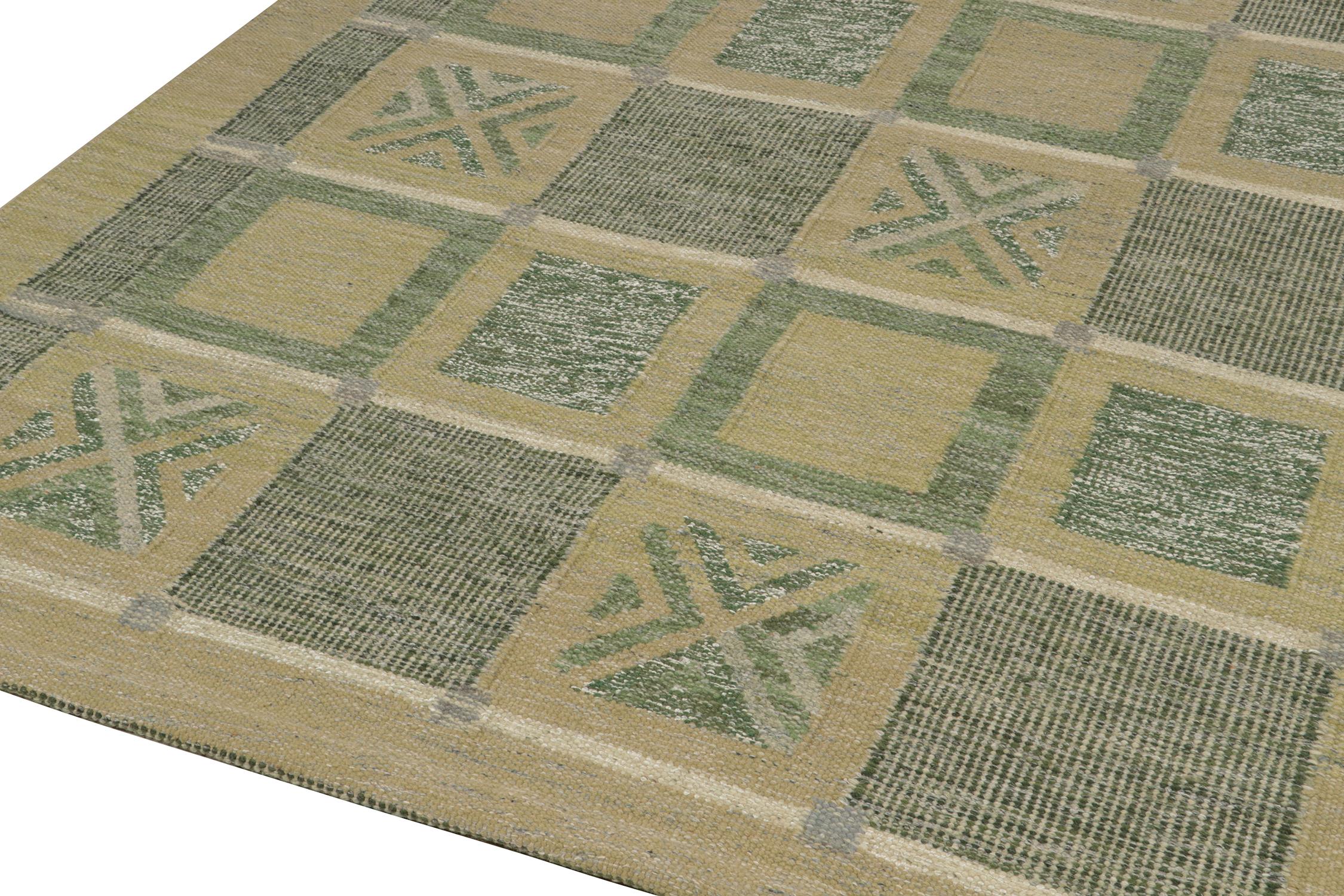 Hand-Knotted Rug & Kilim’s Scandinavian Style kilim in Beige, Grey & Green Geometric Pattern For Sale