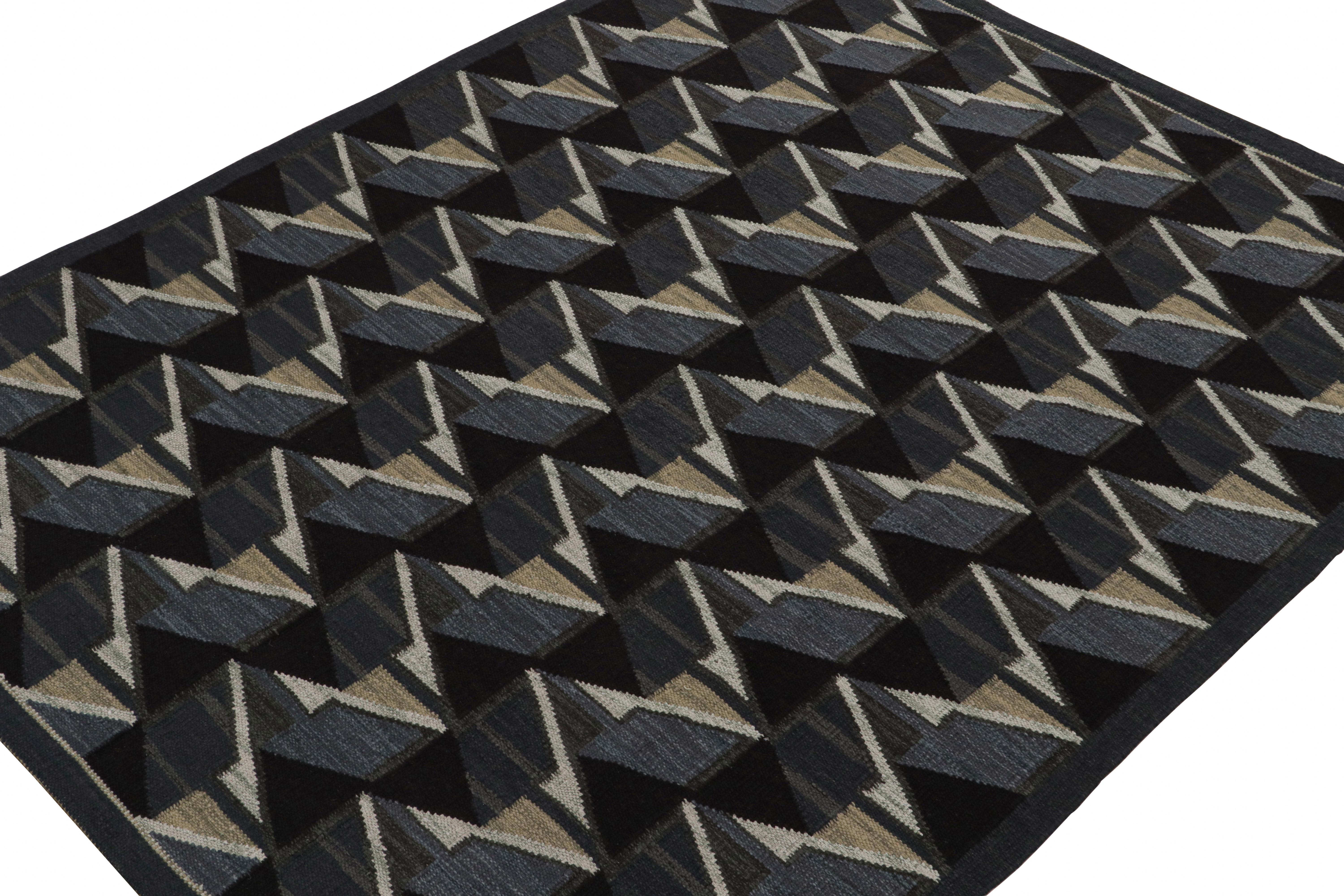 Dieser 8x10 moderne Kilim ist eine neue Ergänzung der handgefertigten skandinavischen Teppichkollektion von Rug & Kilim. Das aus Wolle und natürlichen Garnen handgewebte Design ist eine Neuinterpretation des schwedischen Deco-Rollakhans in einem