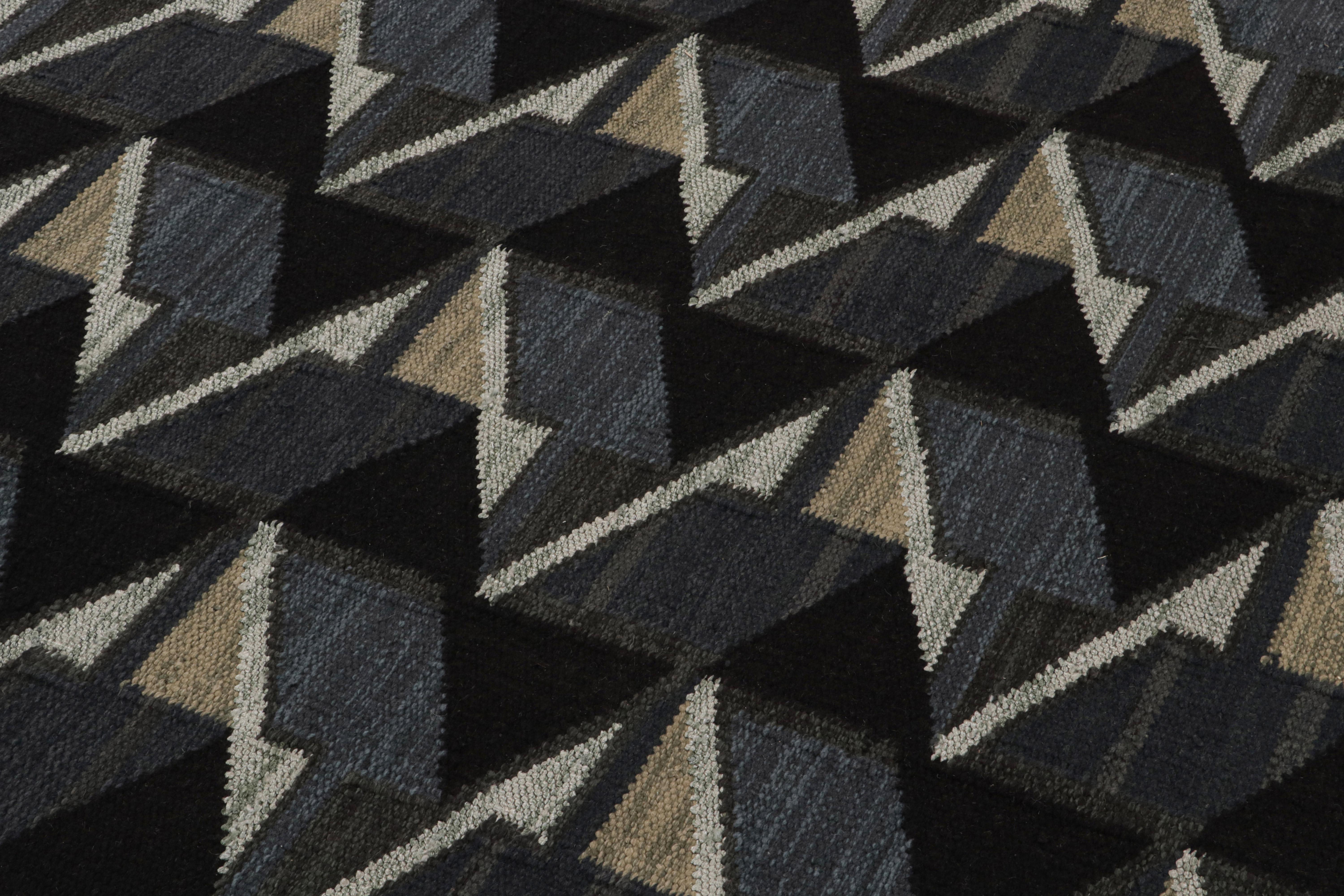 Rug & Kilim’s Scandinavian Style Kilim in Black and Dark Blue Geometric Patterns In New Condition For Sale In Long Island City, NY