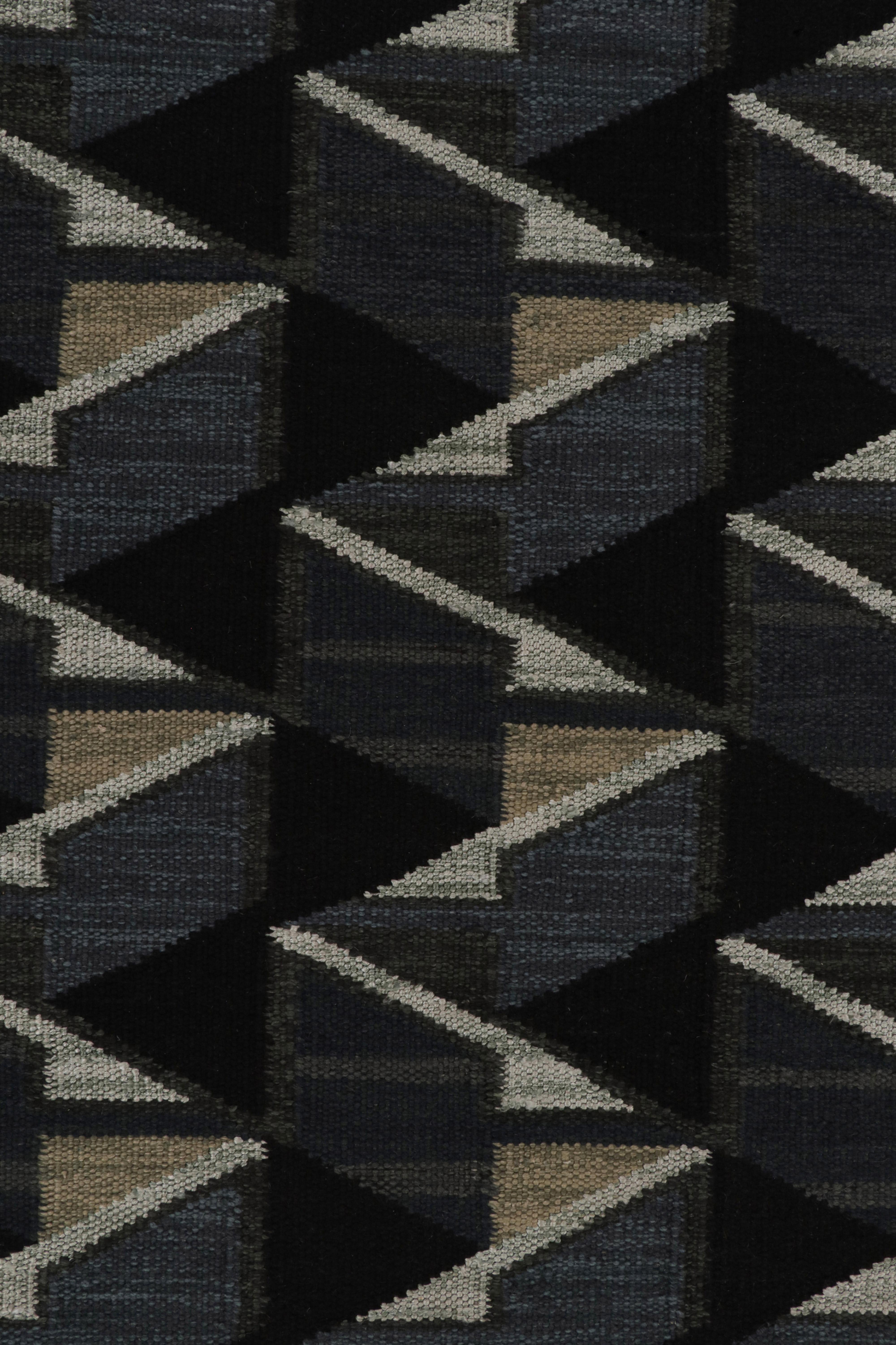 Contemporary Rug & Kilim’s Scandinavian Style Kilim in Black and Dark Blue Geometric Patterns For Sale