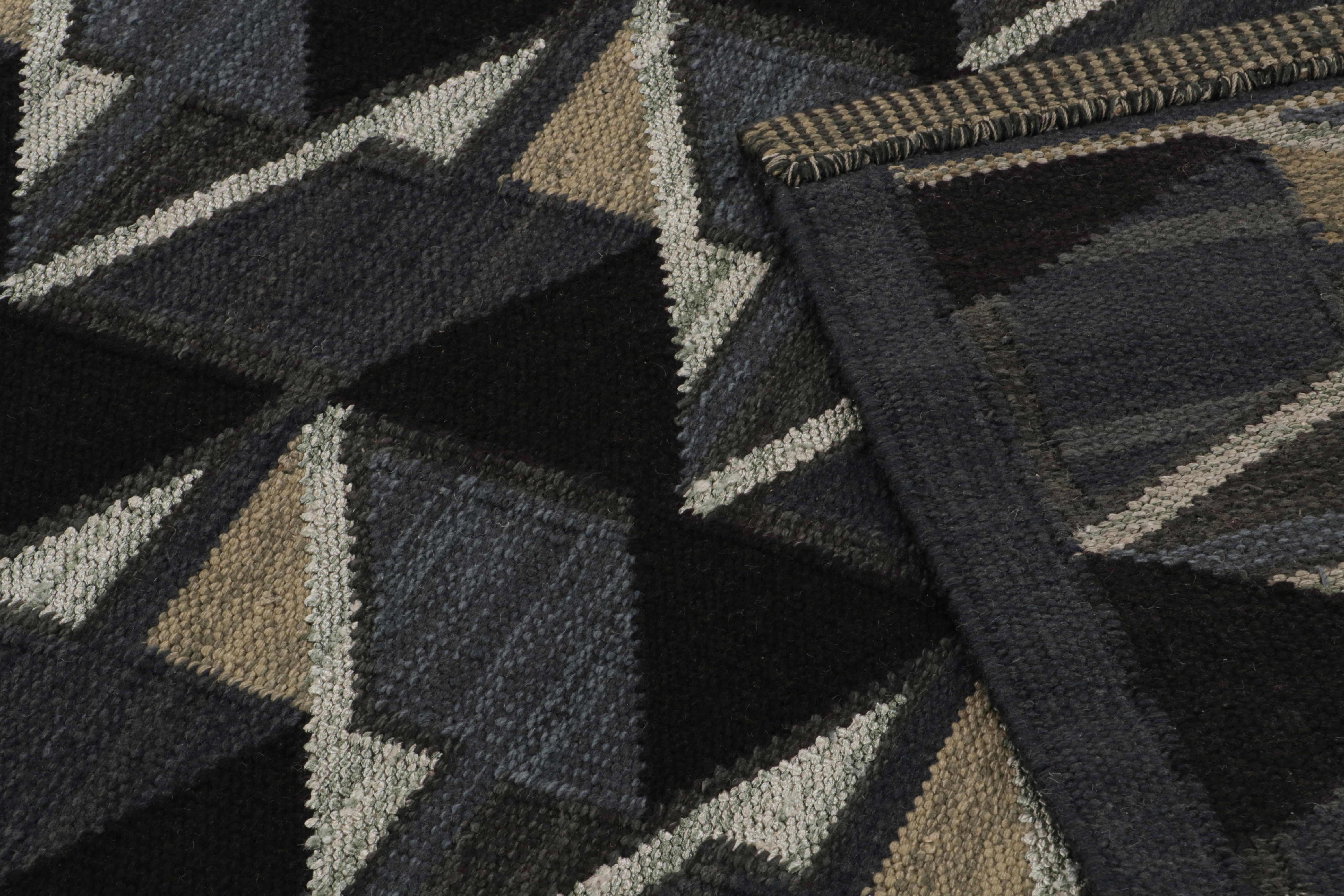 Wool Rug & Kilim’s Scandinavian Style Kilim in Black and Dark Blue Geometric Patterns For Sale