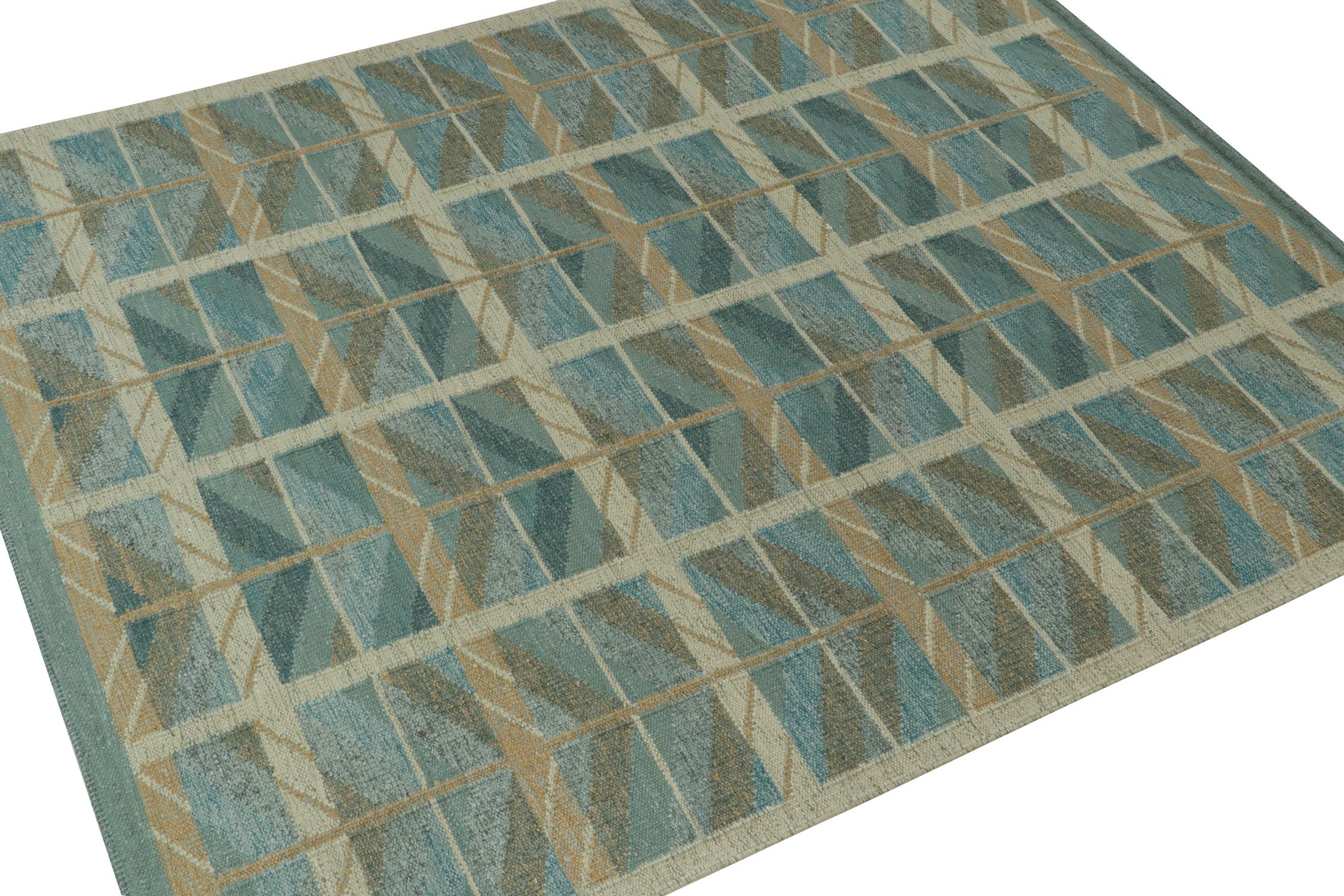 A smart 8x10 Swedish style kilim from our award-winning Scandinavian flat weave collection. Handwoven in wool. 
Further on the design: 
This rug enjoys a natural movement with intricate geometric patterns in a cozy play of blues and beige-browns.