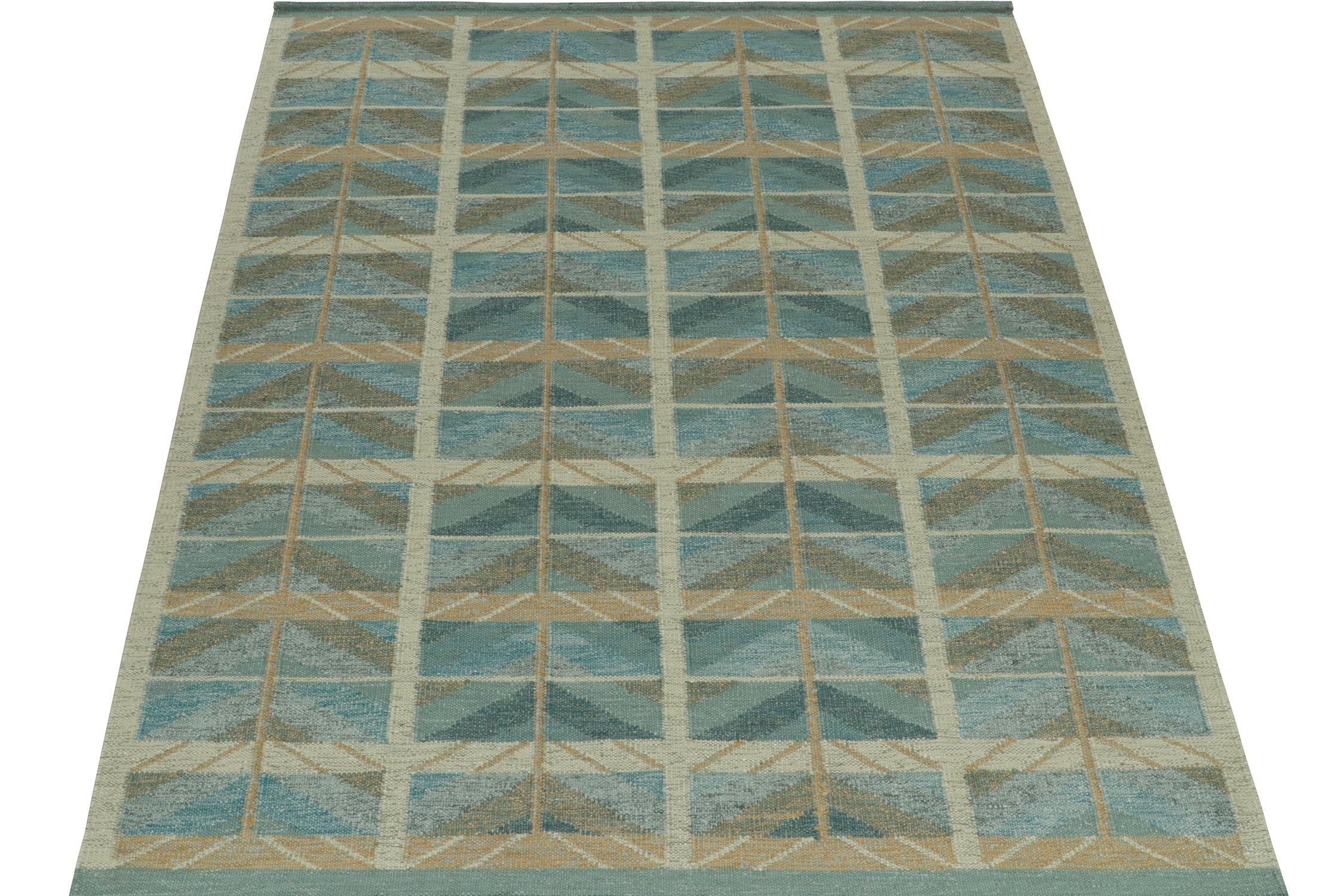 Scandinavian Modern Rug & Kilim’s Scandinavian Style Kilim in Blue and Beige-Brown Geometric Pattern For Sale