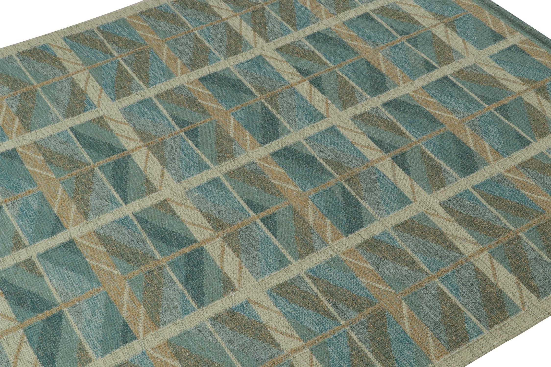 Indian Rug & Kilim’s Scandinavian Style Kilim in Blue and Beige-Brown Geometric Pattern For Sale