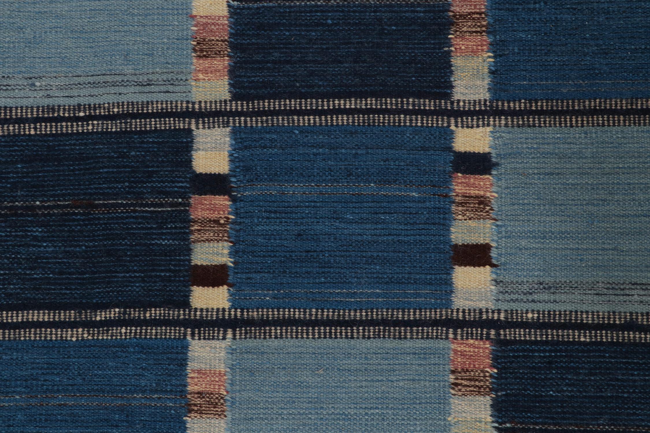 Rug & Kilim’s Scandinavian Style Kilim in Blue and Beige-Brown Geometric Pattern In New Condition For Sale In Long Island City, NY