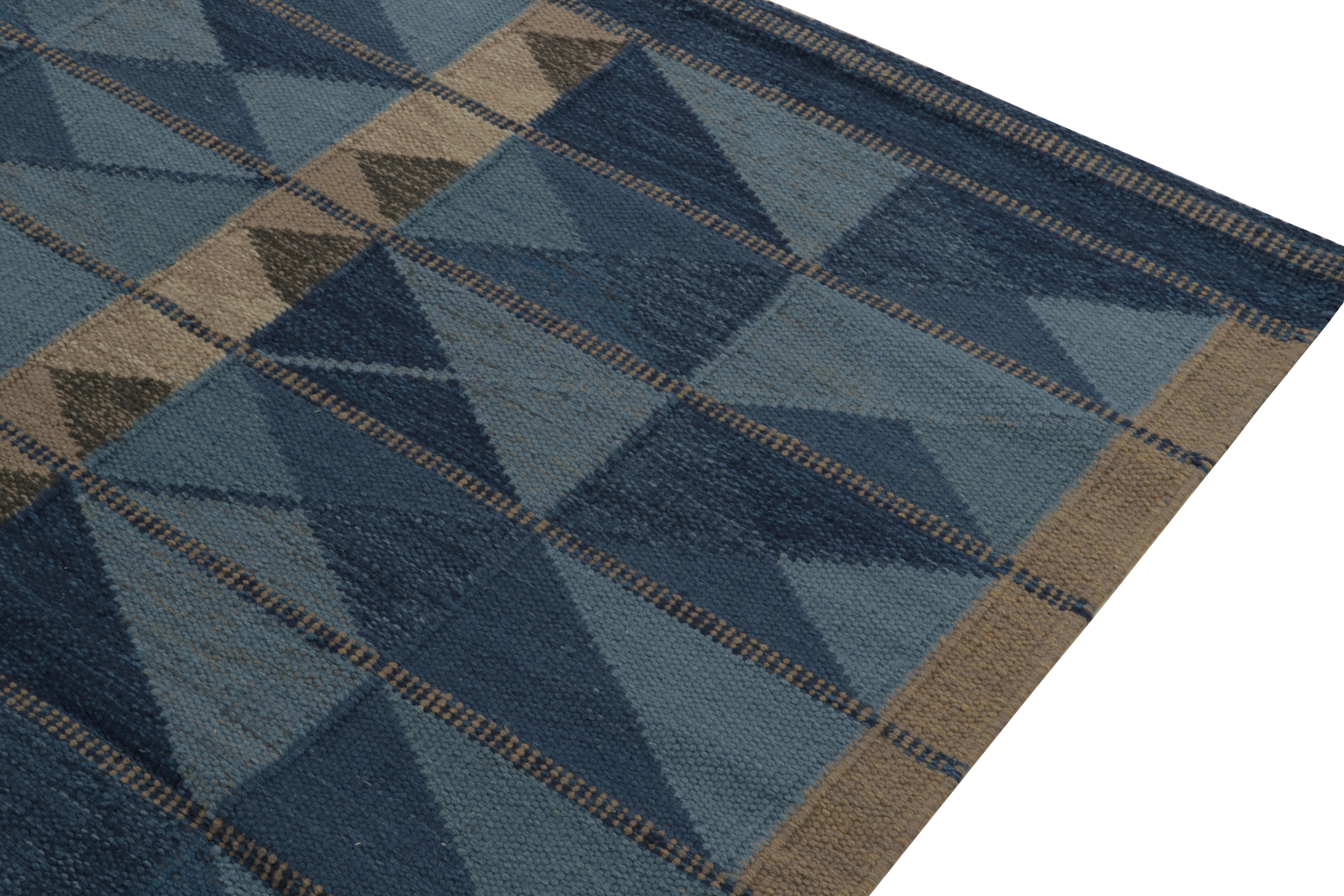 Hand-Knotted Rug & Kilim’s Scandinavian Style Kilim in Blue and Beige-Brown Geometric Pattern For Sale