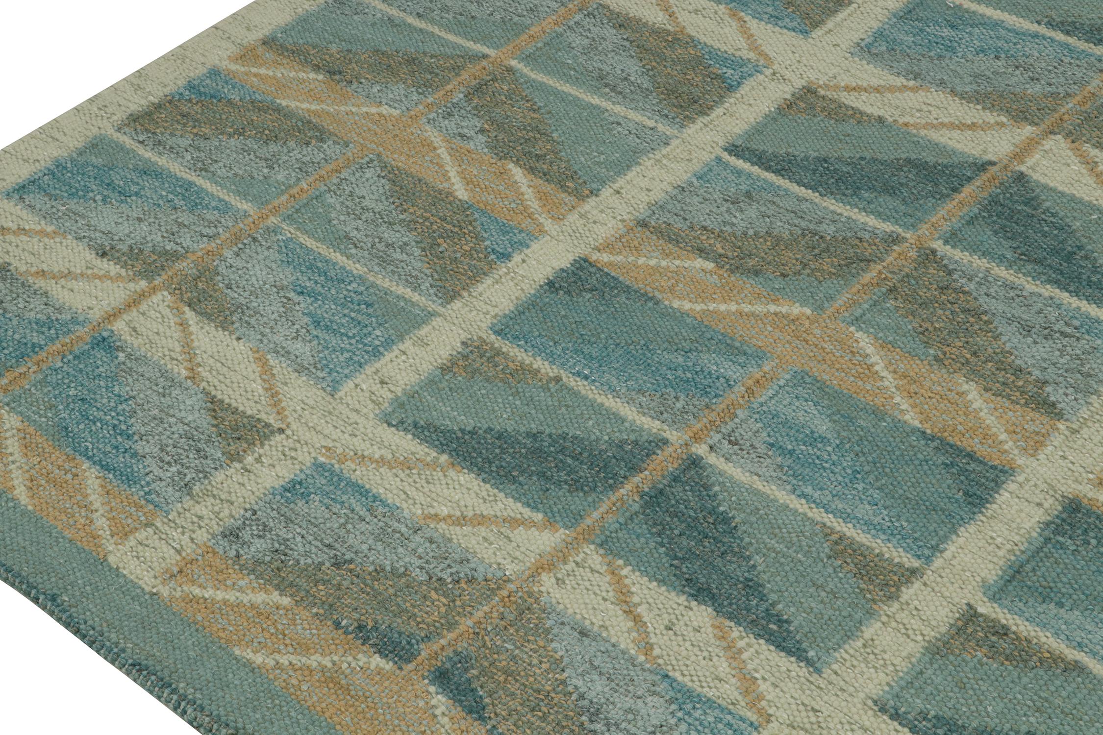 Hand-Knotted Rug & Kilim’s Scandinavian Style Kilim in Blue and Beige-Brown Geometric Pattern For Sale